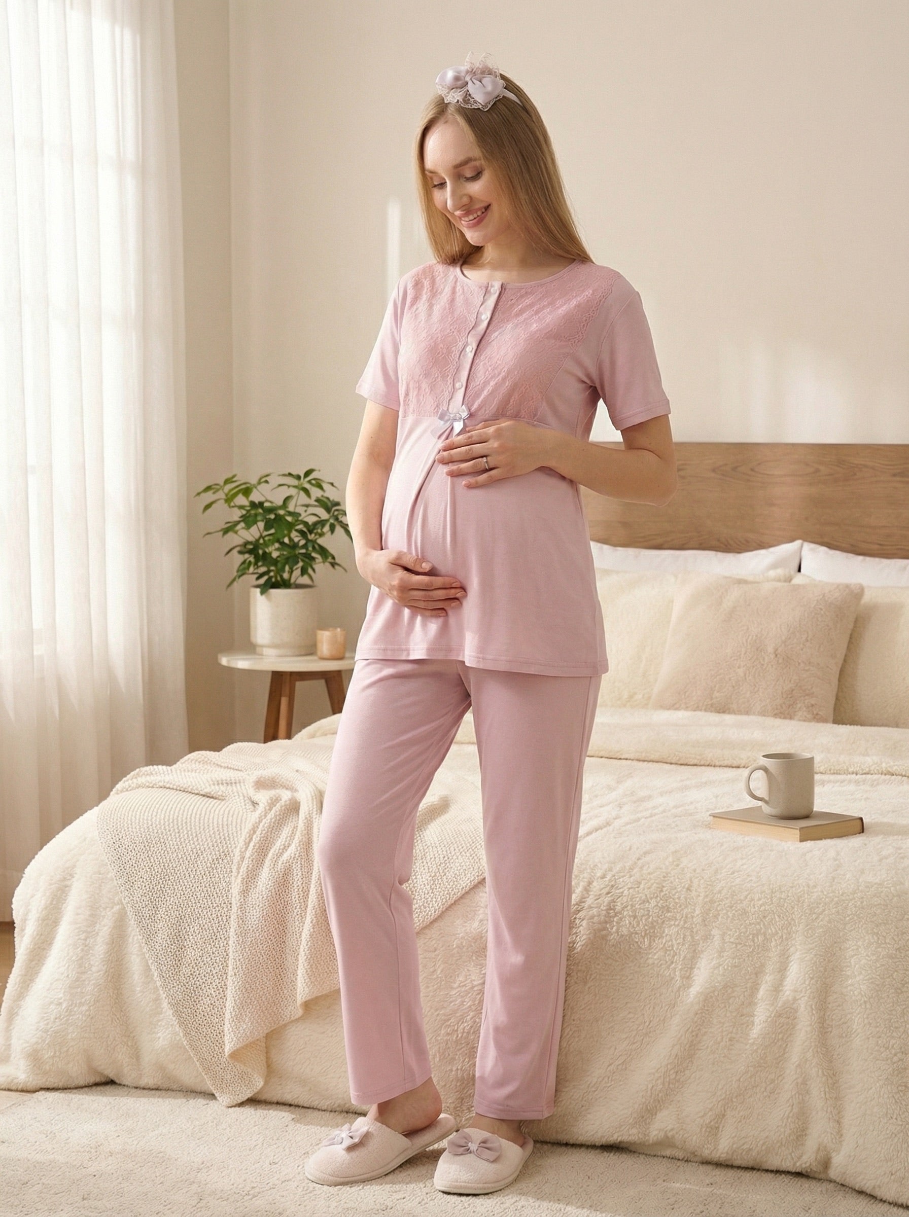 Yeni Sezon Pudra Yazlık Nevrürlü Hamile Lohusa Sabahlıklı Pijama Takımı Seti - 3461
