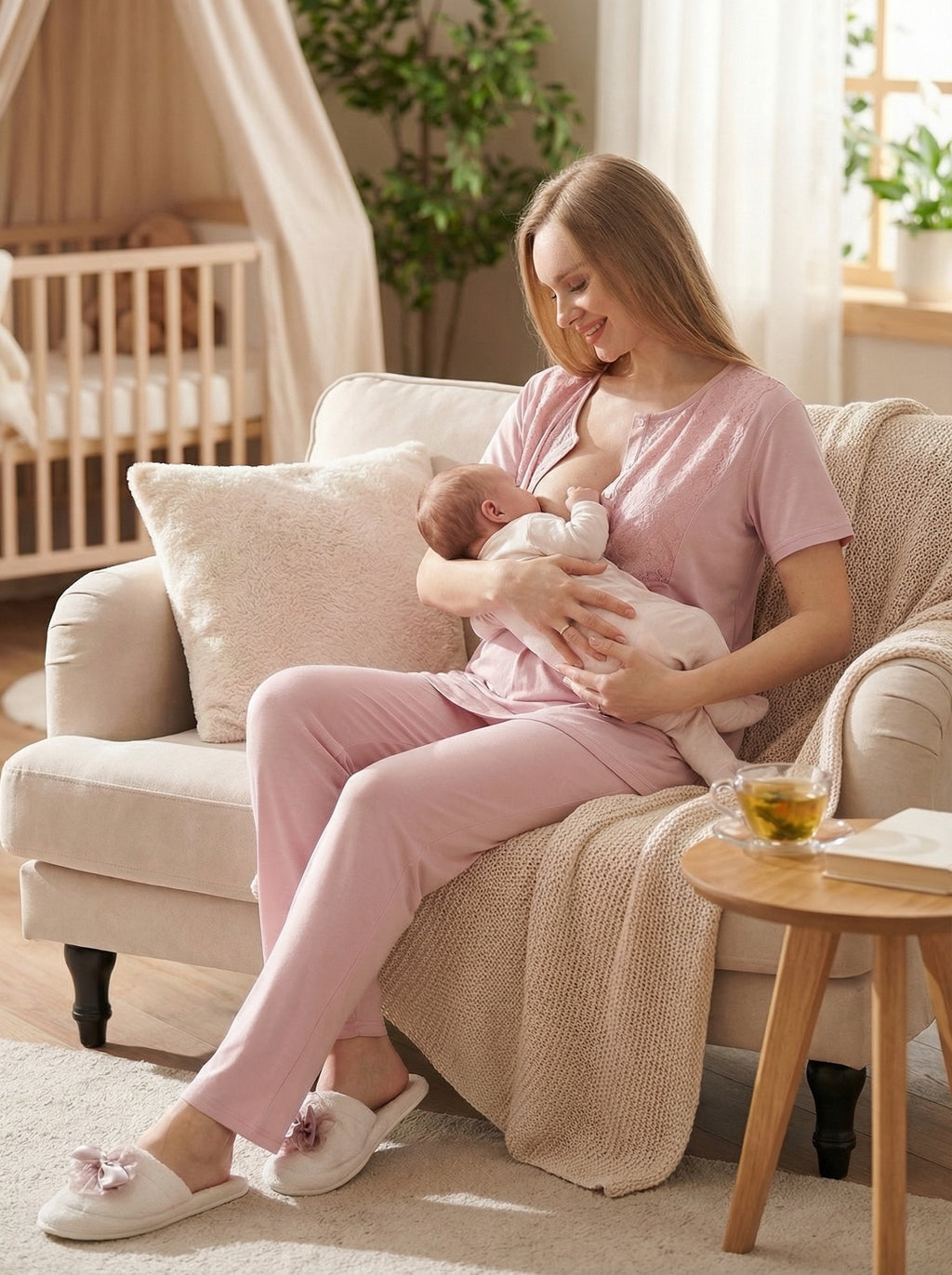 Yeni Sezon Pudra Yazlık Nevrürlü Hamile Lohusa Sabahlıklı Pijama Takımı Seti - 3461
