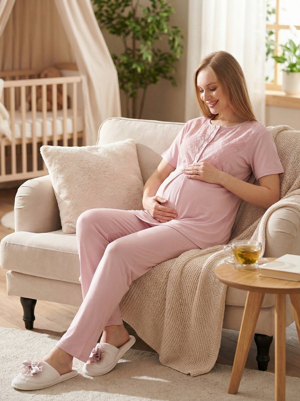 Yeni Sezon Pudra Yazlık Nevrürlü Hamile Lohusa Sabahlıklı Pijama Takımı Seti - 3461