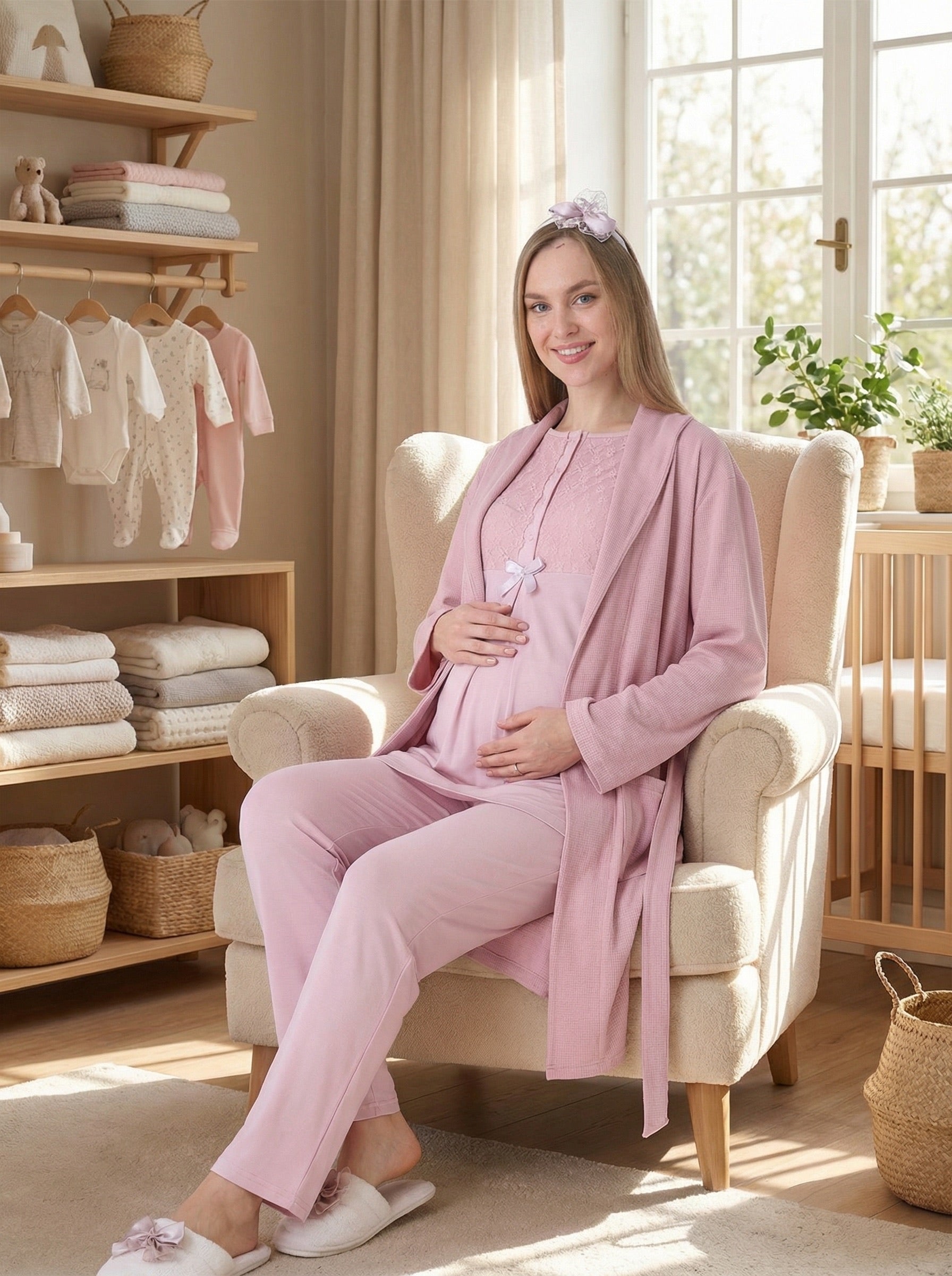 Yeni Sezon Pudra Yazlık Nevrürlü Hamile Lohusa Sabahlıklı Pijama Takımı Seti - 3461