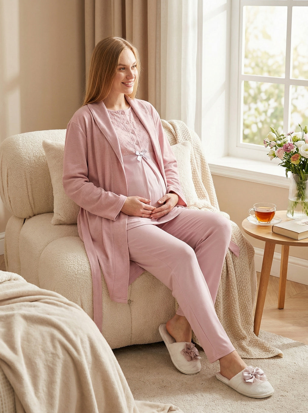 Yeni Sezon Pudra Yazlık Nevrürlü Hamile Lohusa Sabahlıklı Pijama Takımı Seti - 3461