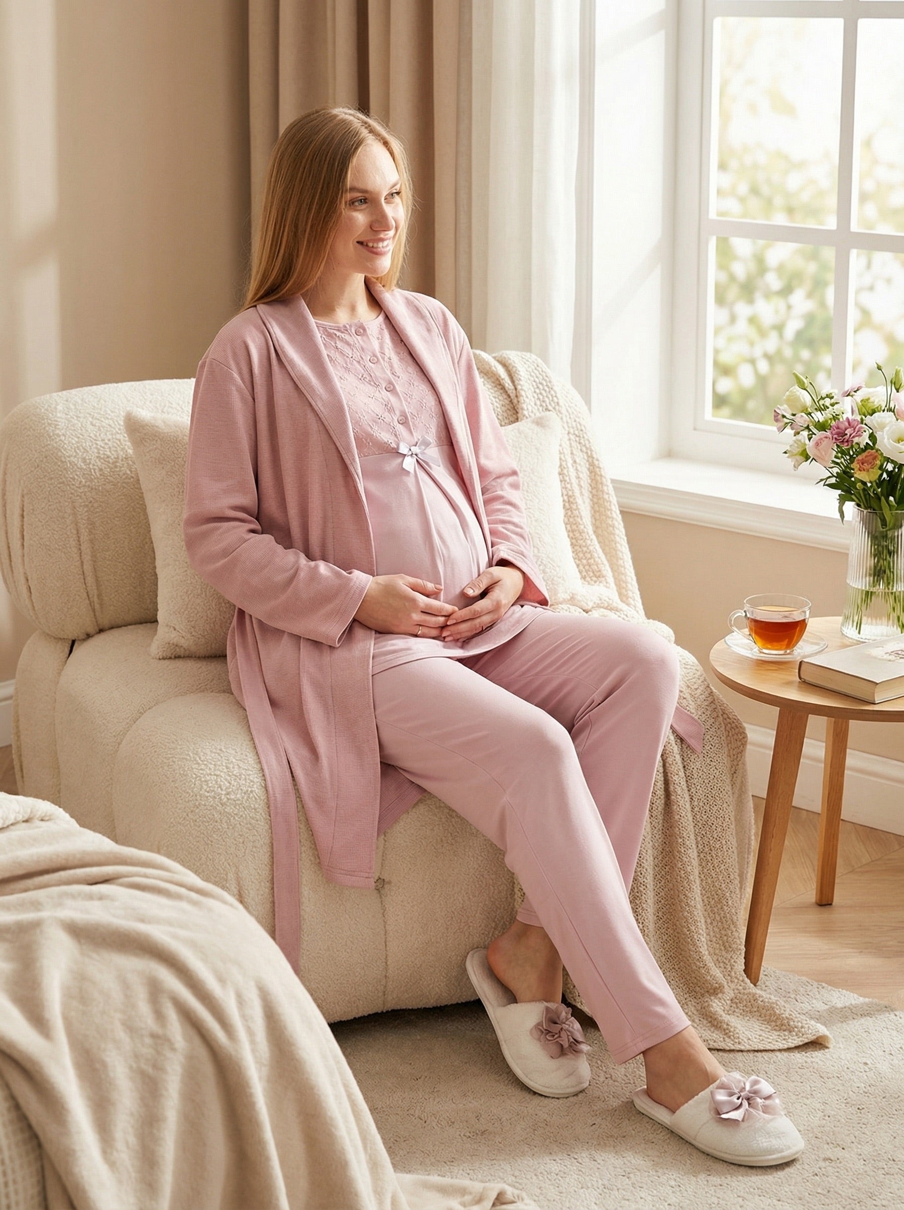 Yeni Sezon Pudra Yazlık Nevrürlü Hamile Lohusa Sabahlıklı Pijama Takımı Seti - 3461