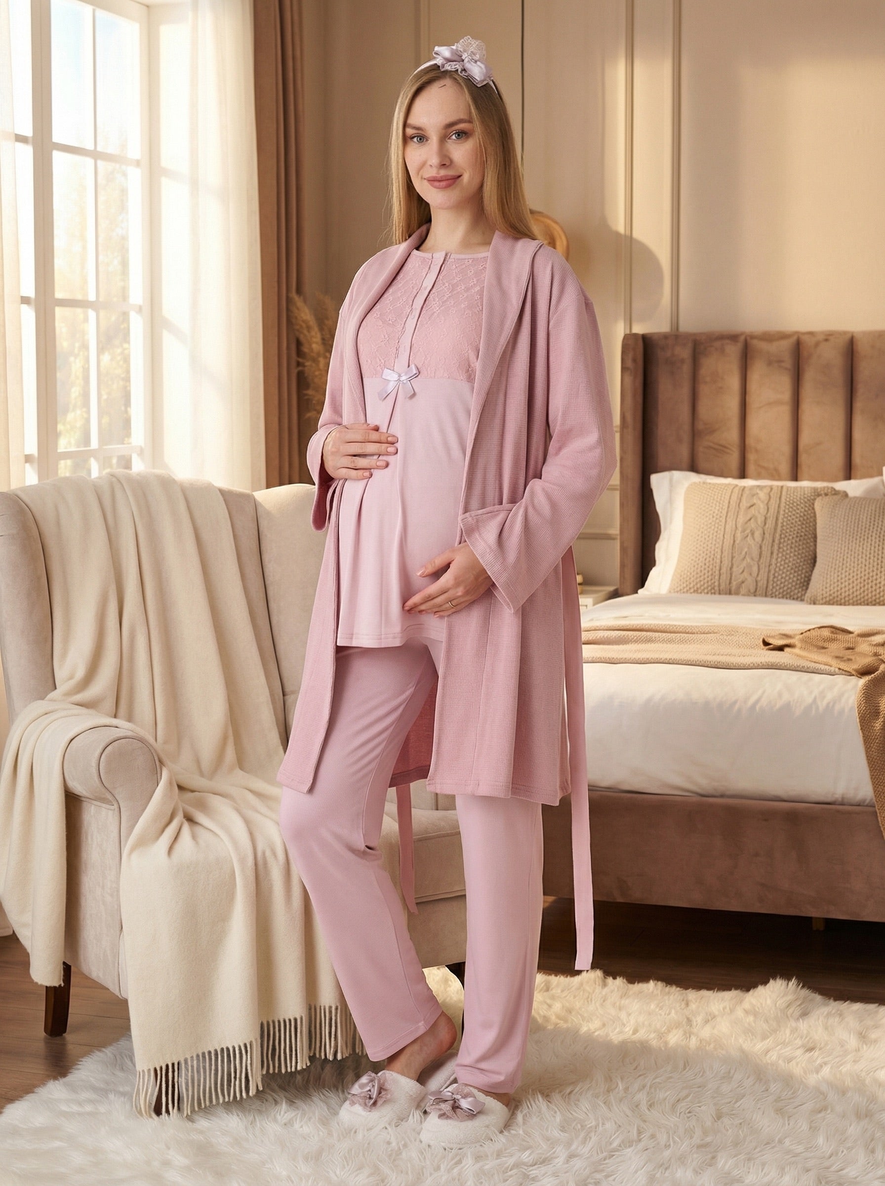 Yeni Sezon Pudra Yazlık Nevrürlü Hamile Lohusa Sabahlıklı Pijama Takımı Seti - 3461