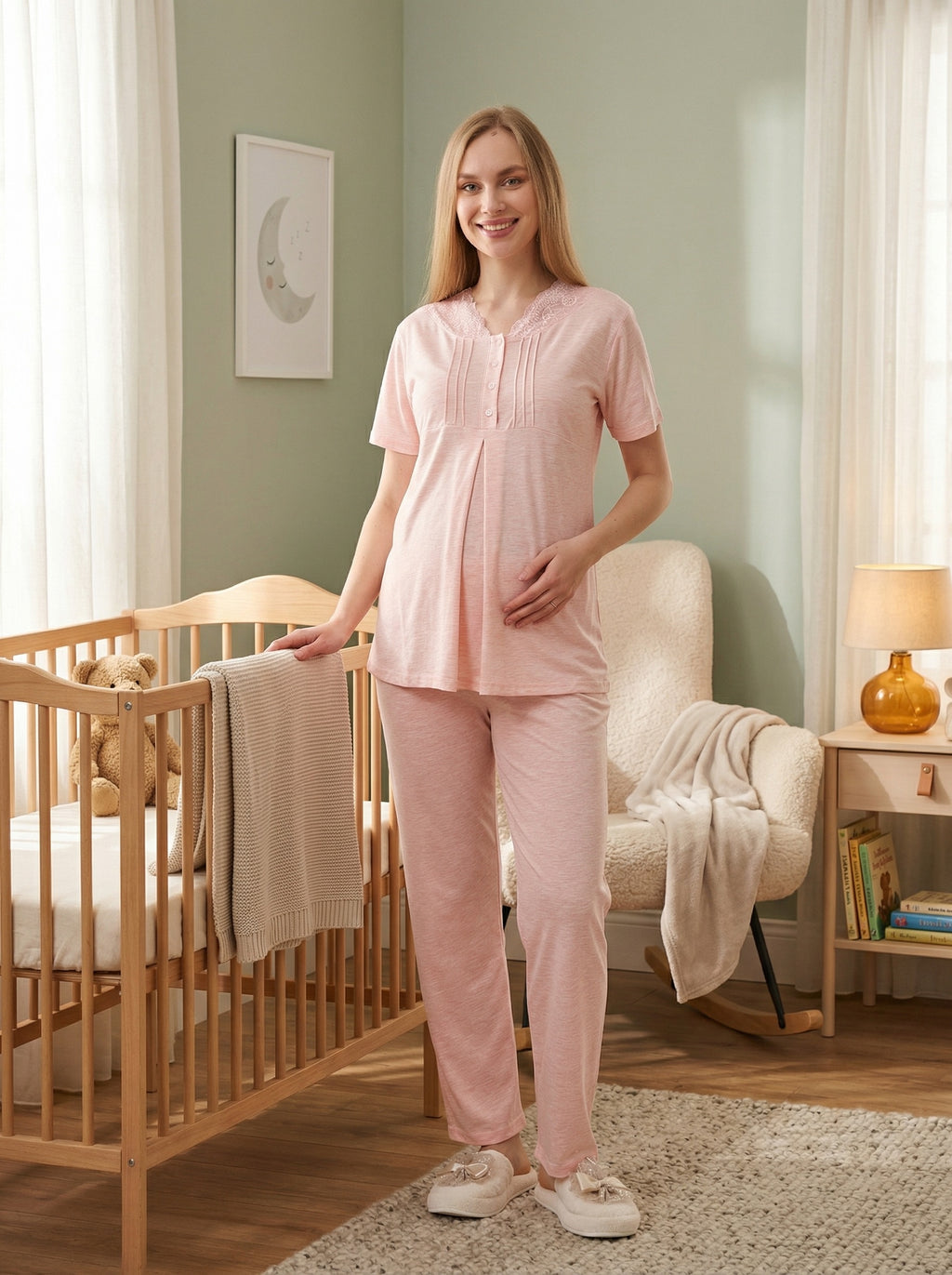 Yeni Sezon Somon Yazlık Krepe Hamile Lohusa Sabahlıklı Pijama Takımı Seti - 3462