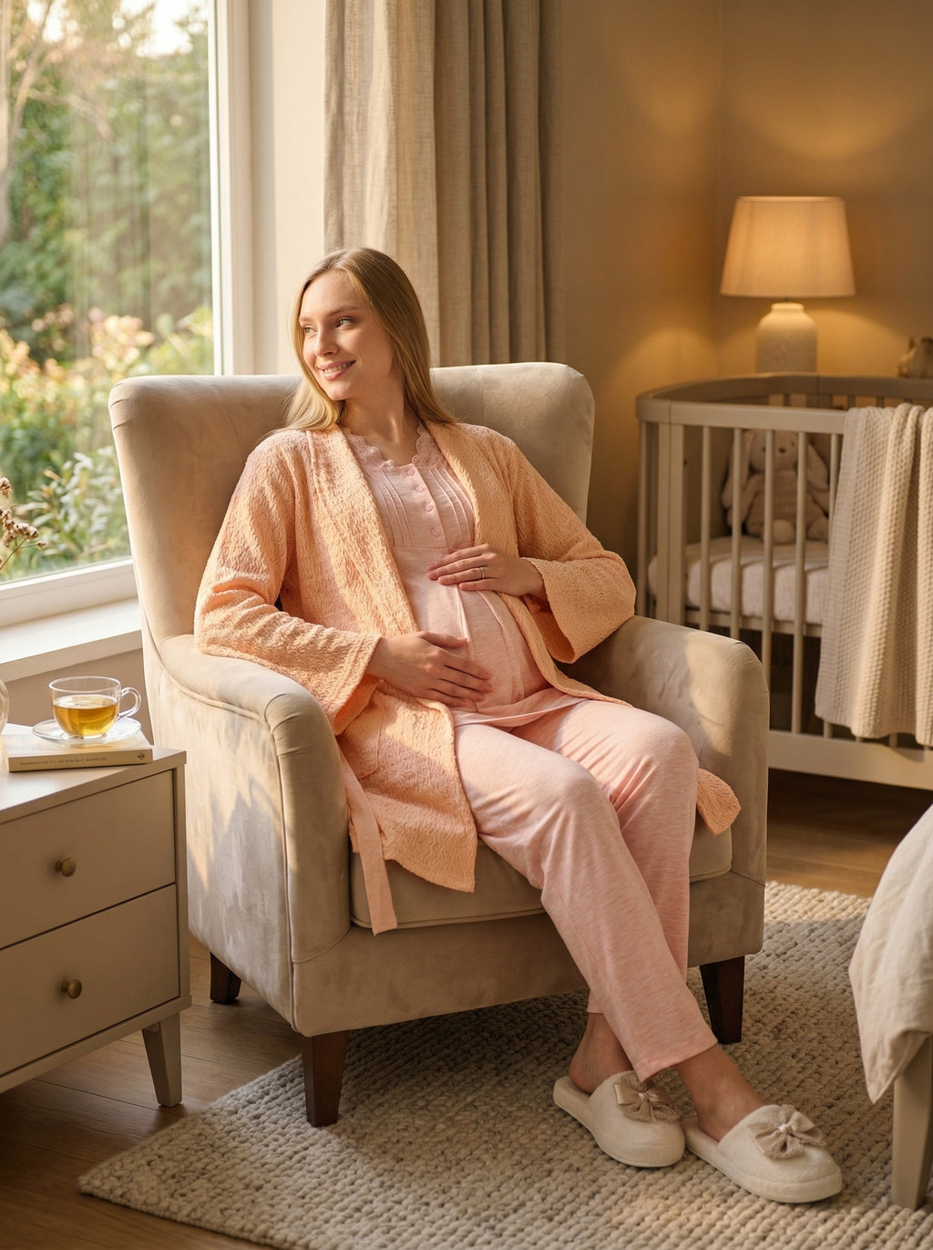 Yeni Sezon Somon Yazlık Krepe Hamile Lohusa Sabahlıklı Pijama Takımı Seti - 3462