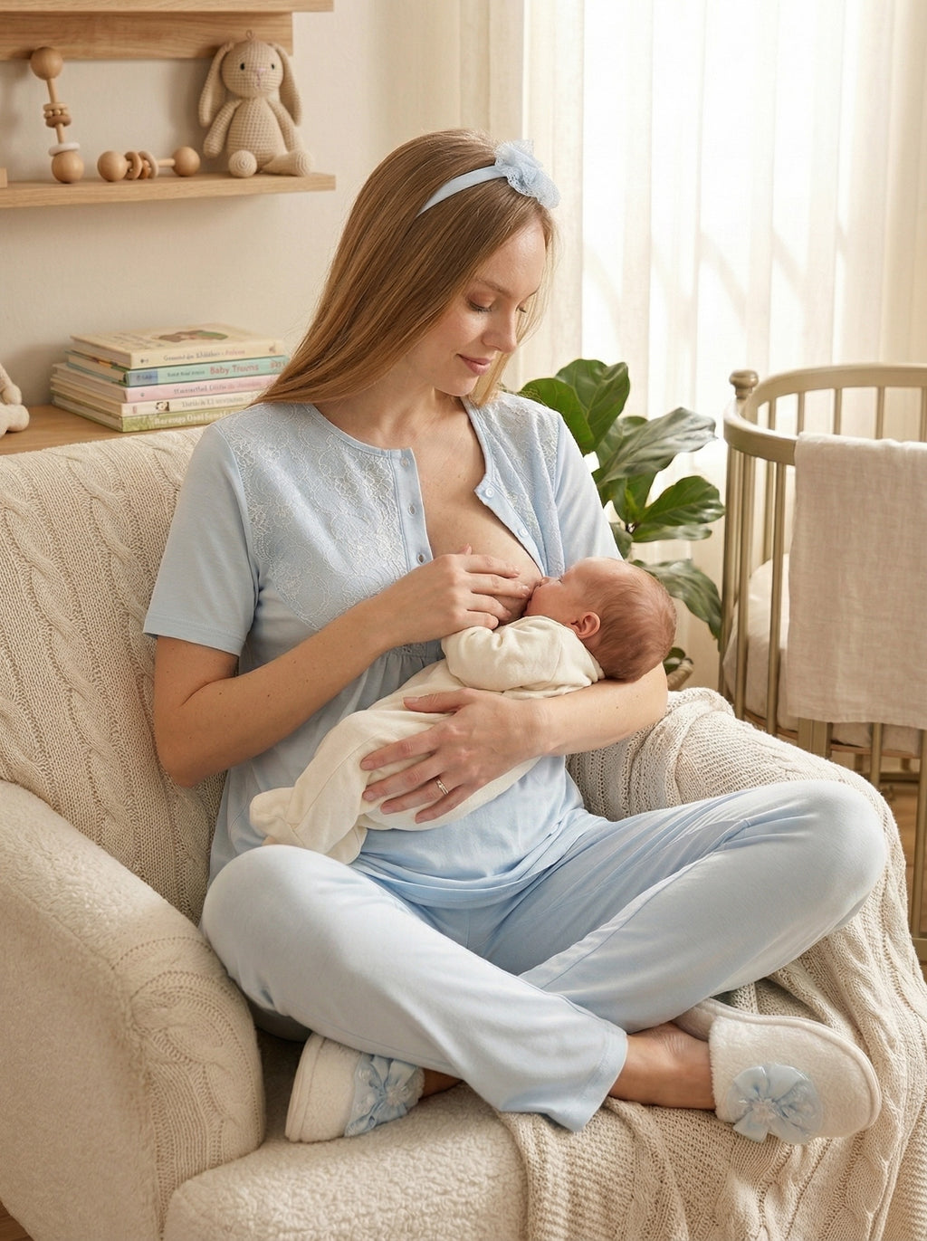 Yeni Sezon Mavi Yazlık Dokulu Hamile Lohusa Sabahlıklı Pijama Takımı Seti - 3463
