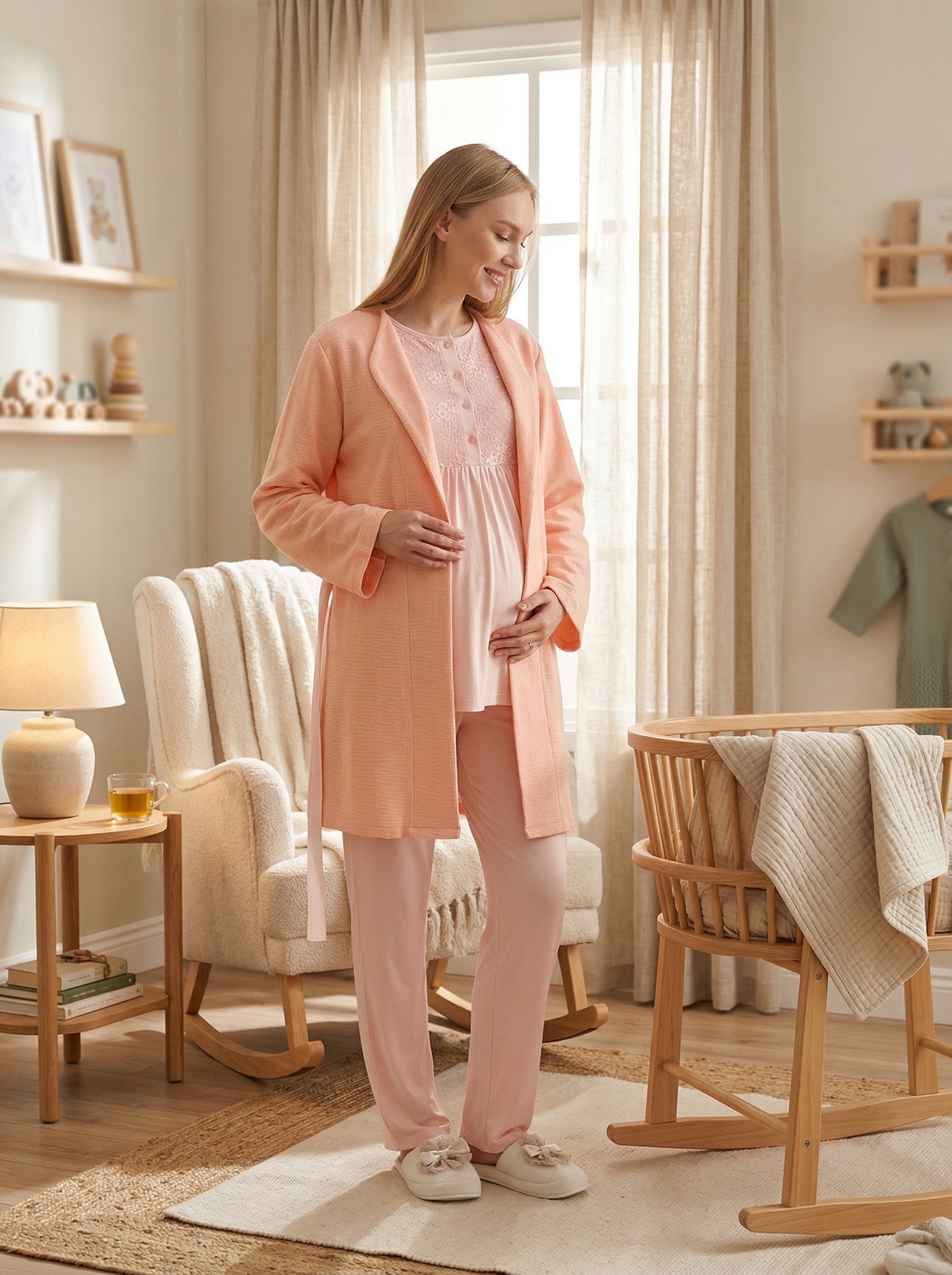 Yeni Sezon Somon Yazlık Dokulu Hamile Lohusa Sabahlıklı Pijama Takımı Seti - 3463