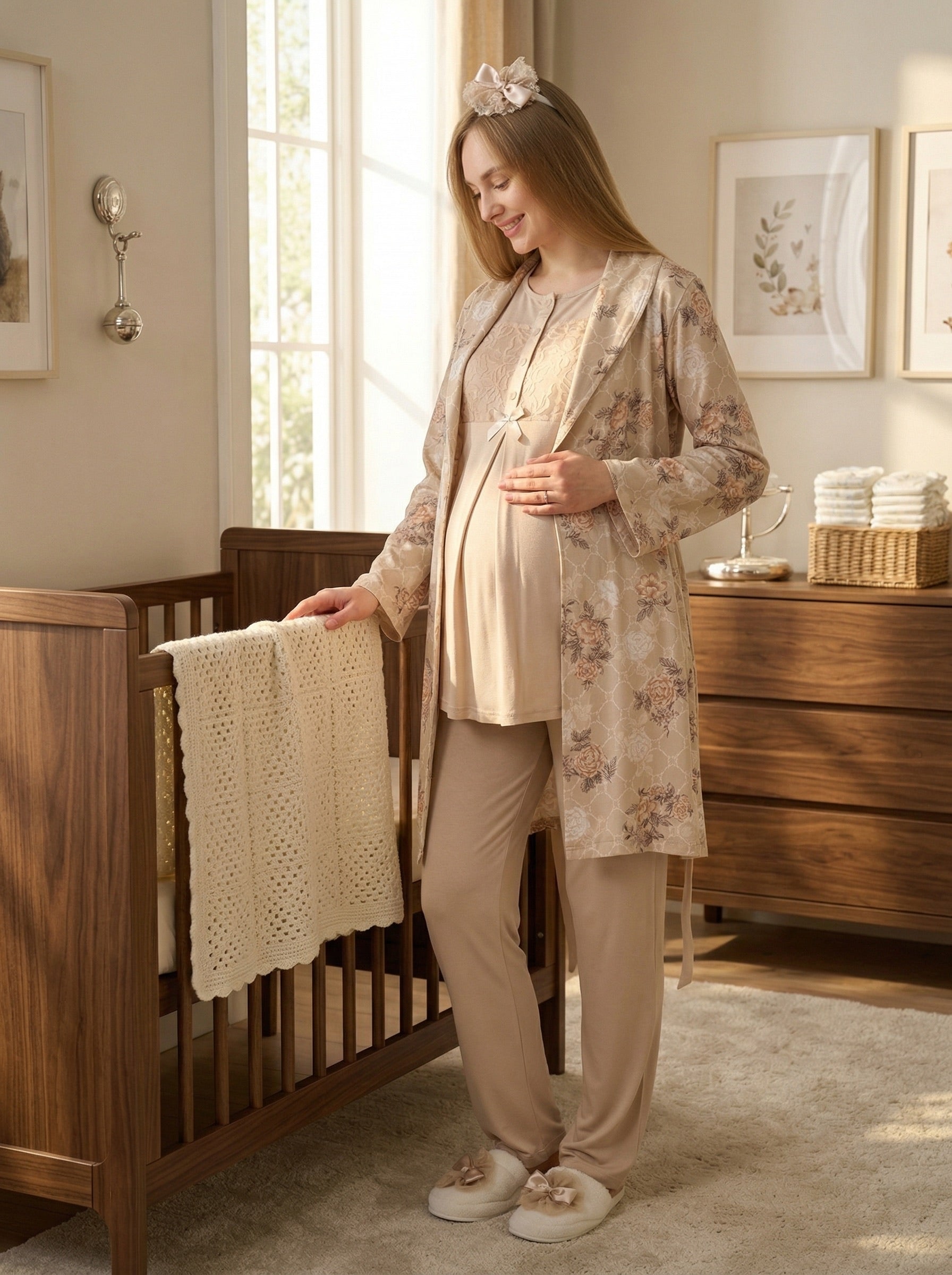 Yeni Sezon Vizon Yazlık Çiçek Desenli Hamile Lohusa Sabahlıklı Pijama Takımı Seti - 3465