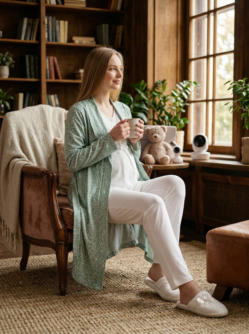 Yeni Sezon Ekru Yeşil Yazlık Desenli Hamile Lohusa Sabahlıklı Pijama Takımı Seti - 3466