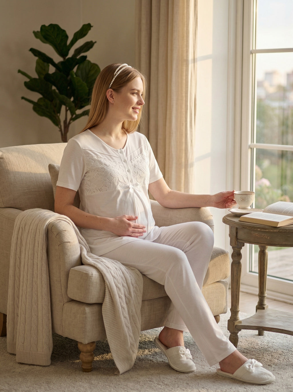 Yeni Sezon Ekru Yeşil Yazlık Desenli Hamile Lohusa Sabahlıklı Pijama Takımı Seti - 3466
