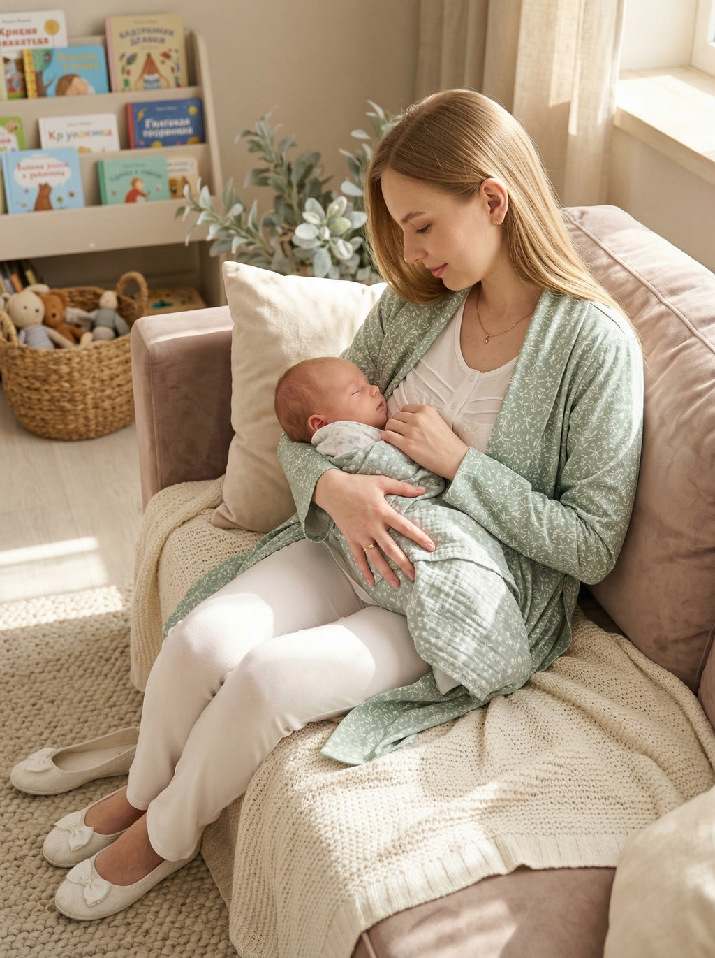 Yeni Sezon Ekru Yeşil Yazlık Desenli Hamile Lohusa Sabahlıklı Pijama Takımı Seti - 3466