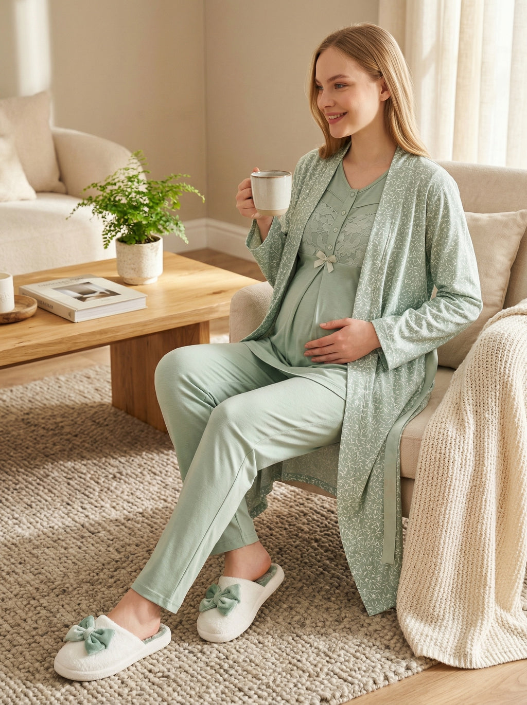Yeni Sezon Yeşil Yazlık Desenli Hamile Lohusa Sabahlıklı Pijama Takımı Seti - 3466
