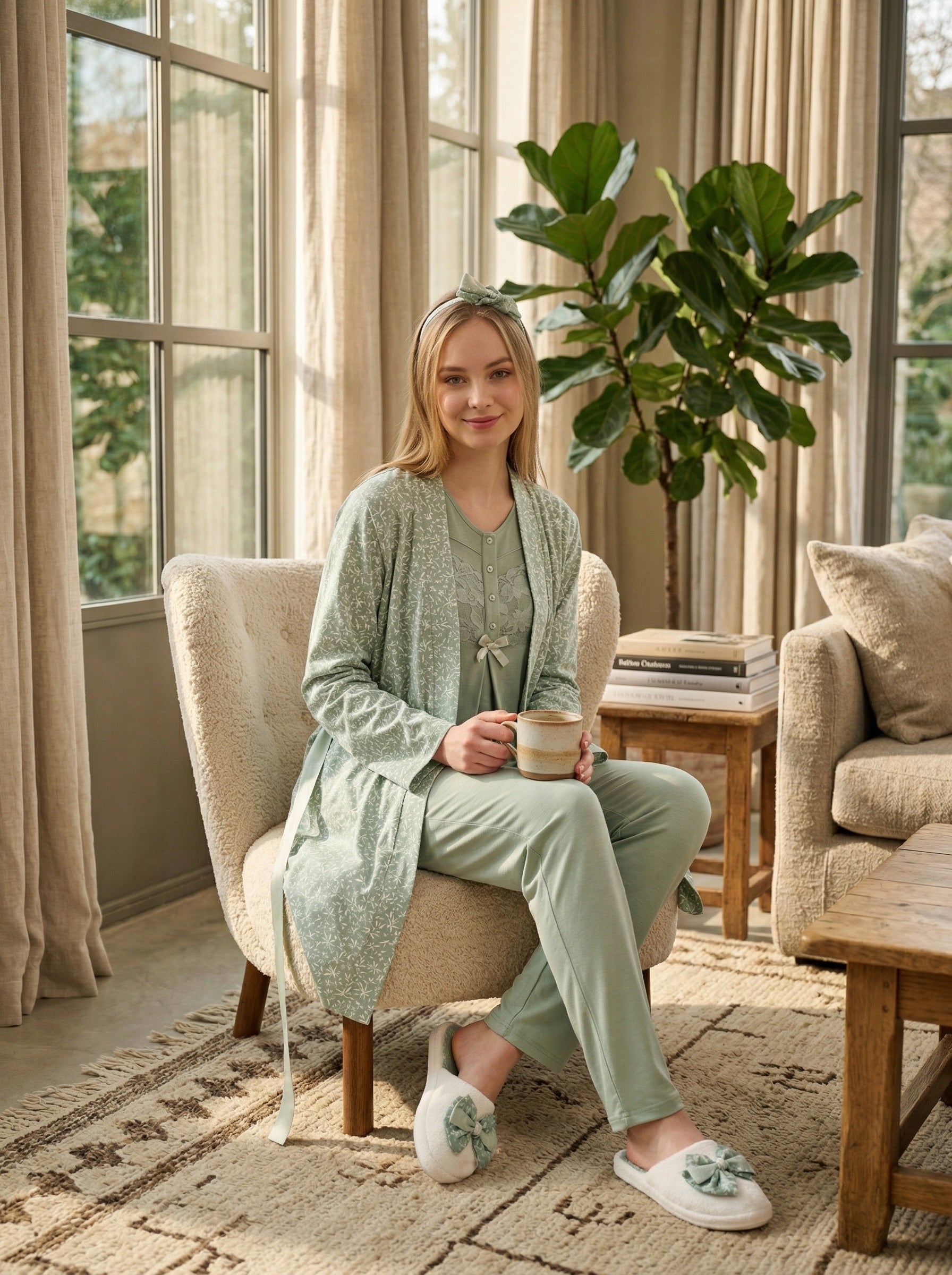 Yeni Sezon Yeşil Yazlık Desenli Hamile Lohusa Sabahlıklı Pijama Takımı Seti - 3466