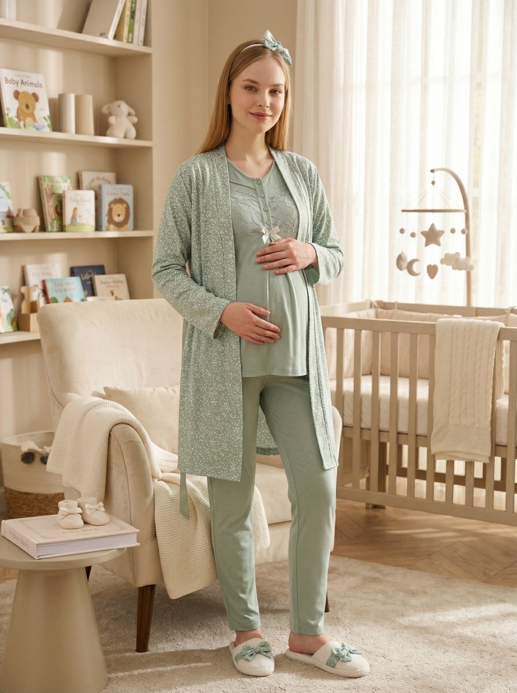 Yeni Sezon Yeşil Yazlık Desenli Hamile Lohusa Sabahlıklı Pijama Takımı Seti - 3466