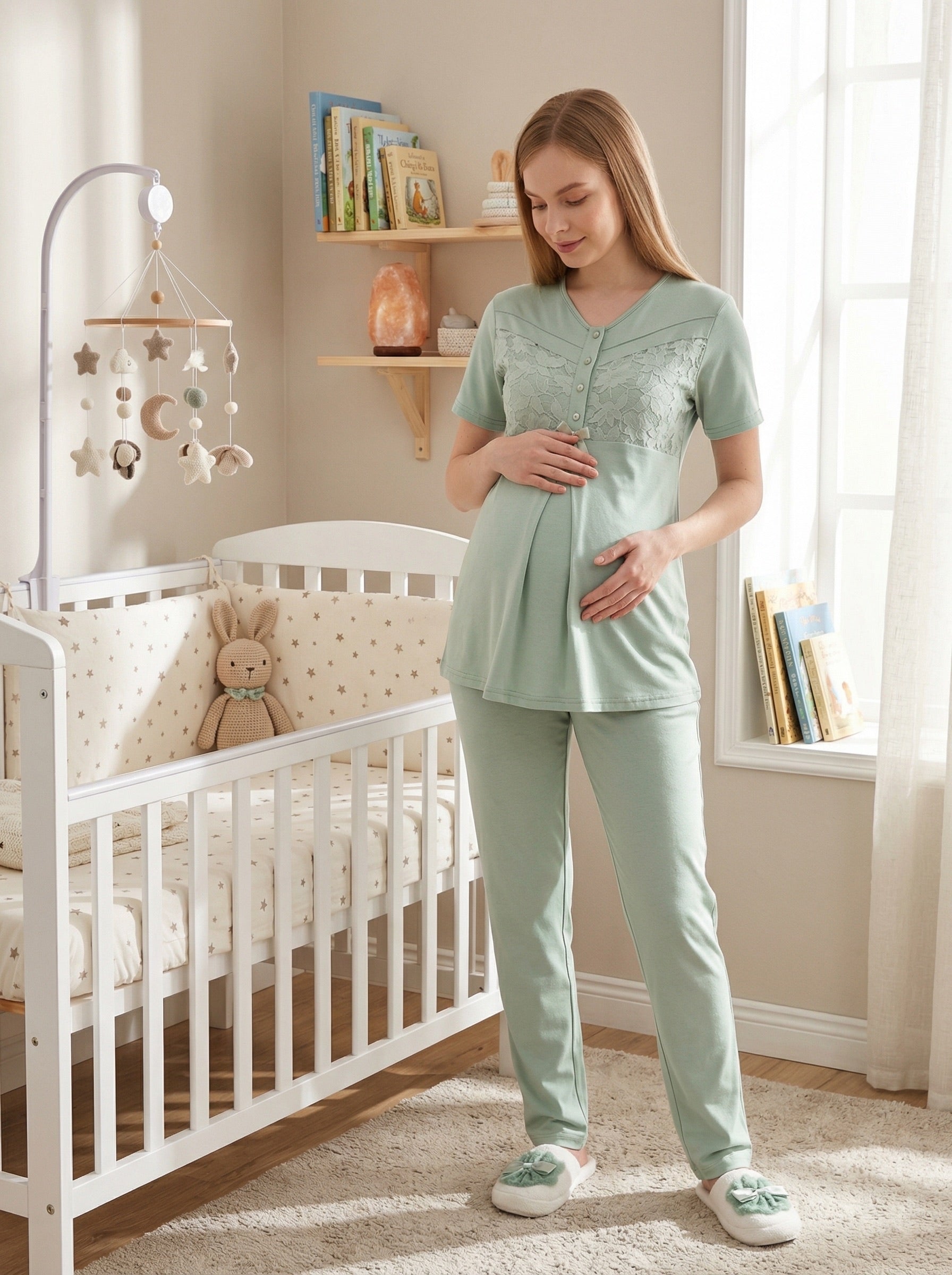 Yeni Sezon Yeşil Yazlık Desenli Hamile Lohusa Sabahlıklı Pijama Takımı Seti - 3466
