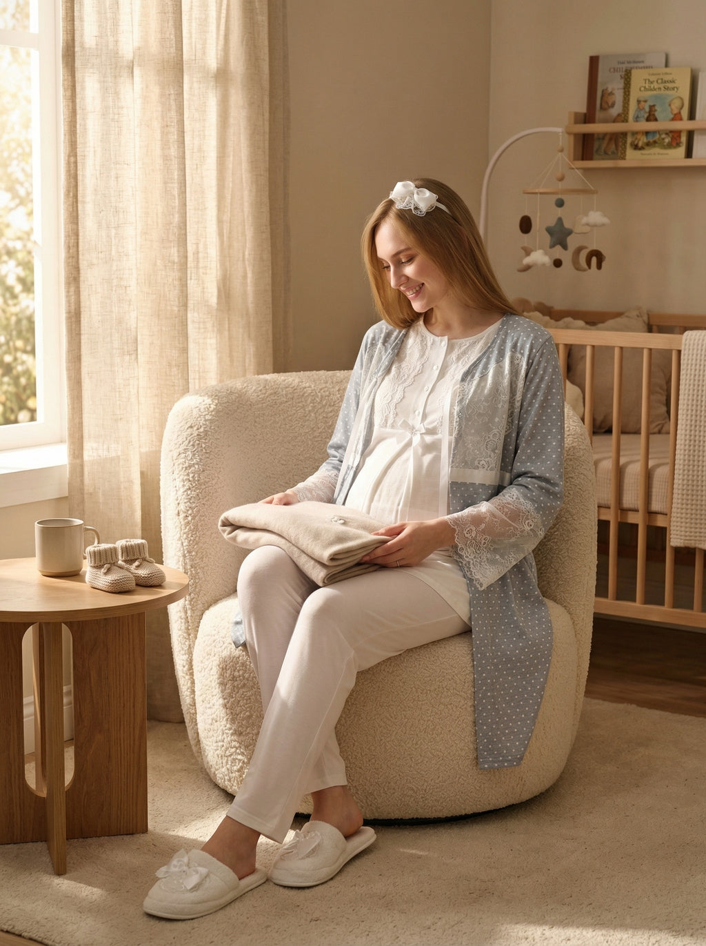 Yeni Sezon Ekru Gri Yazlık Puantiyeli Hamile Lohusa Sabahlıklı Pijama Takımı Seti - 3469