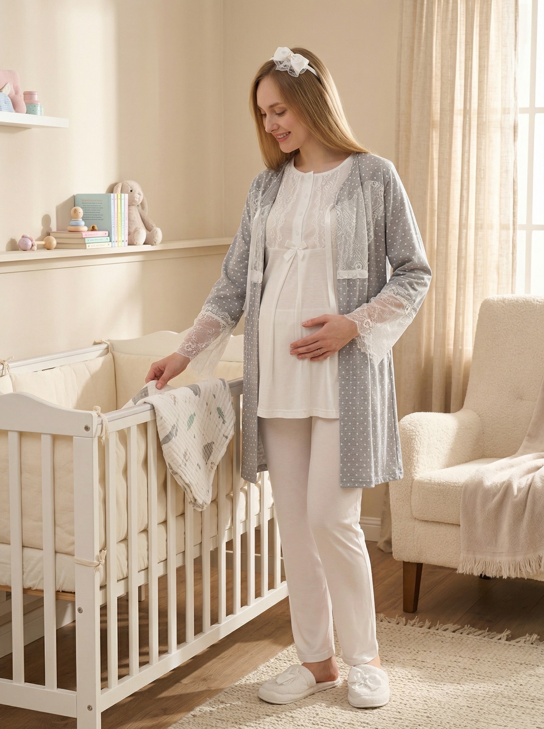 Yeni Sezon Ekru Gri Yazlık Puantiyeli Hamile Lohusa Sabahlıklı Pijama Takımı Seti - 3469