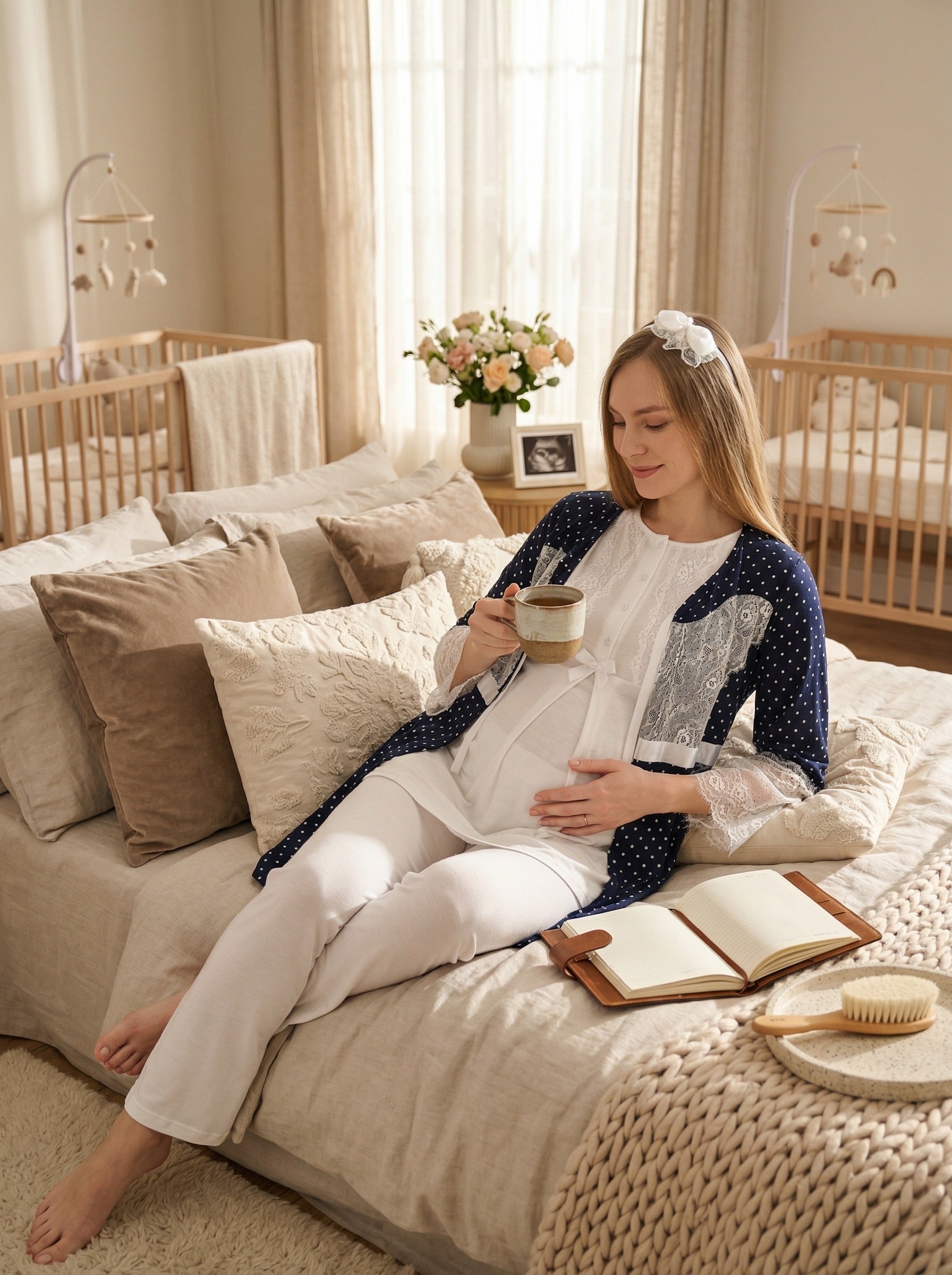 Yeni Sezon Ekru Lacivert Yazlık Puantiyeli Hamile Lohusa Sabahlıklı Pijama Takımı Seti - 3469