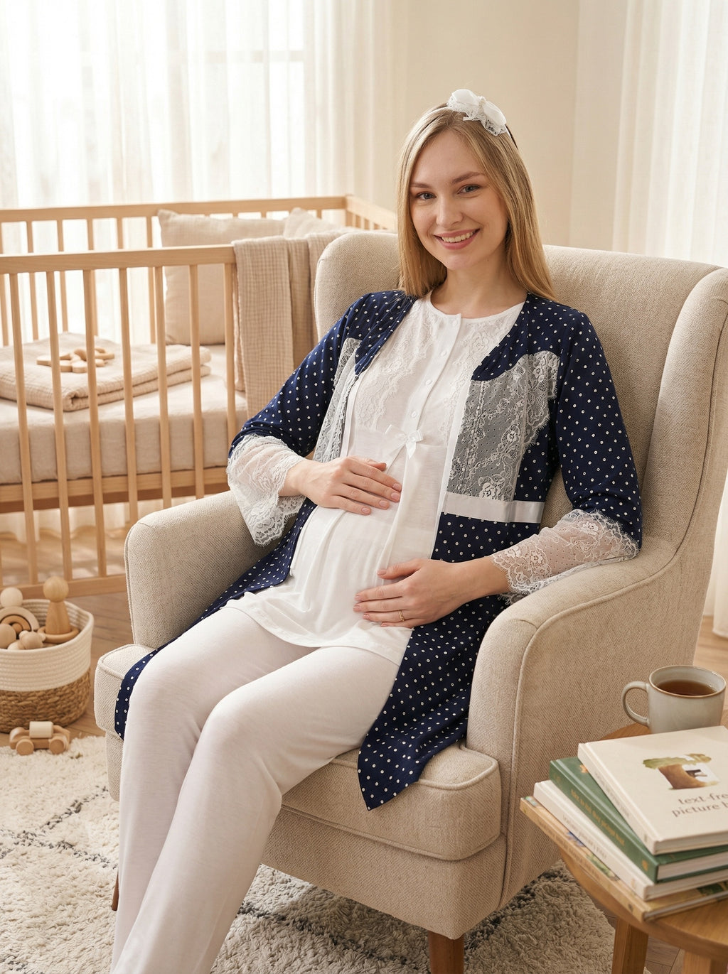 Yeni Sezon Ekru Lacivert Yazlık Puantiyeli Hamile Lohusa Sabahlıklı Pijama Takımı Seti - 3469