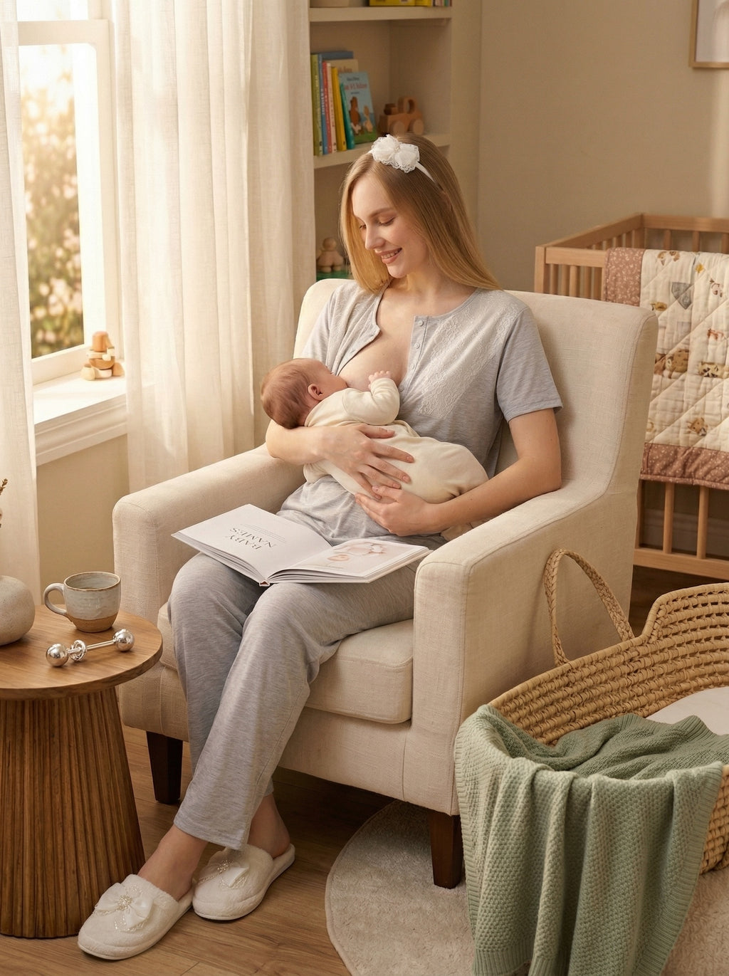 Yeni Sezon Gri Yazlık Puantiyeli Hamile Lohusa Sabahlıklı Pijama Takımı Seti - 3469