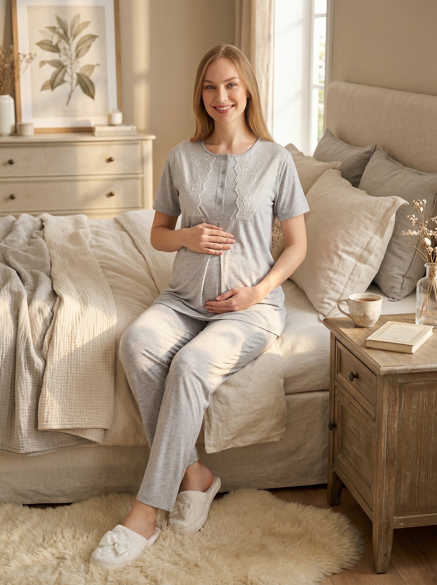 Yeni Sezon Gri Yazlık Puantiyeli Hamile Lohusa Sabahlıklı Pijama Takımı Seti - 3469