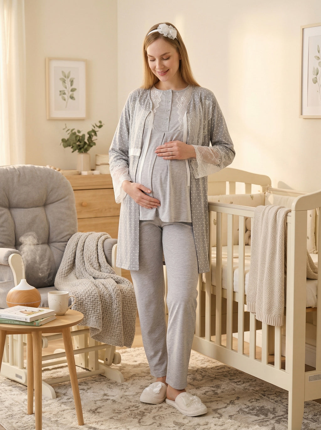 Yeni Sezon Gri Yazlık Puantiyeli Hamile Lohusa Sabahlıklı Pijama Takımı Seti - 3469
