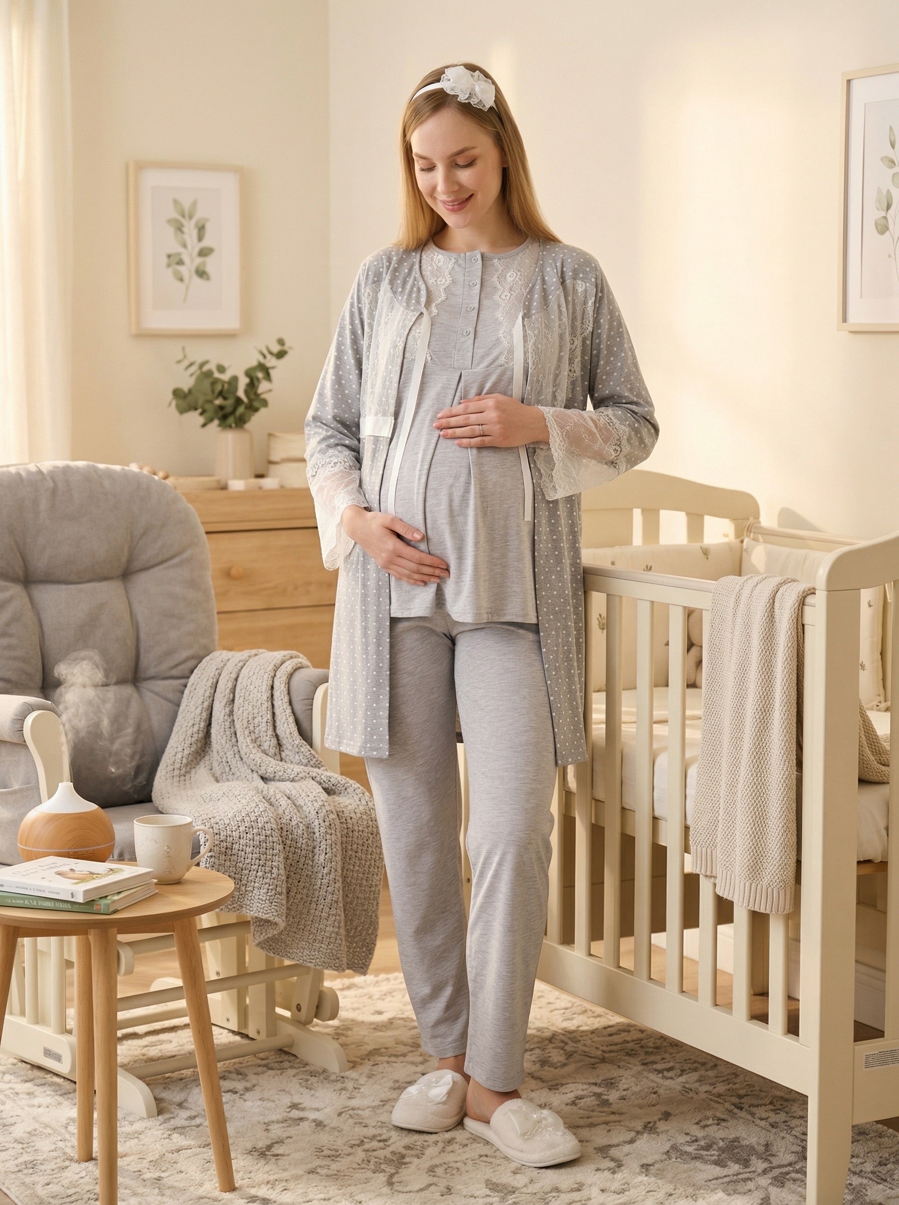 Yeni Sezon Gri Yazlık Puantiyeli Hamile Lohusa Sabahlıklı Pijama Takımı Seti - 3469