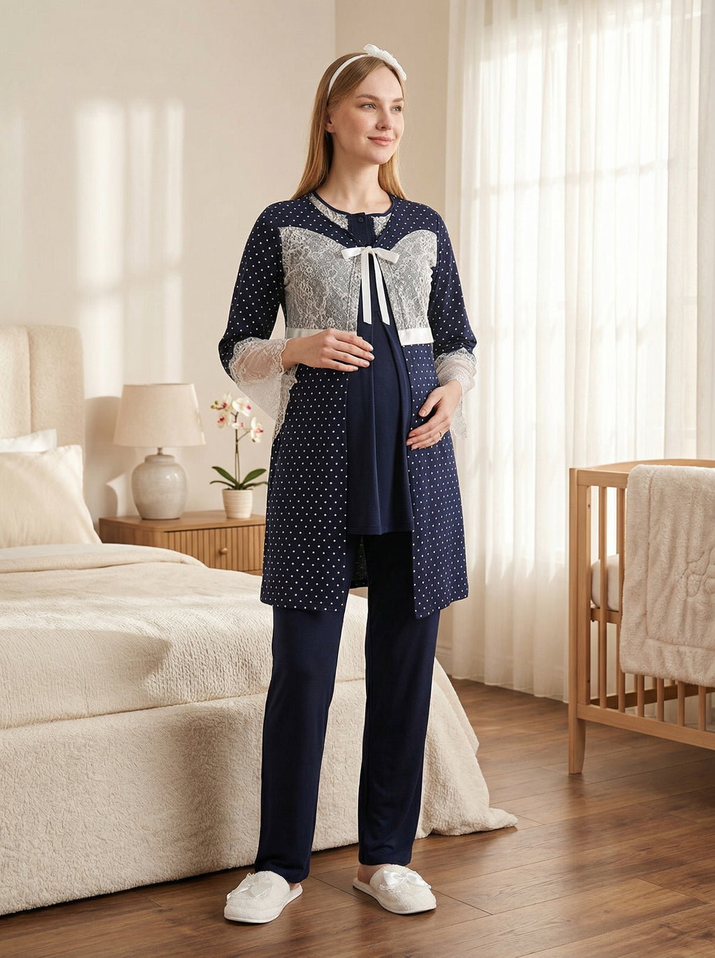 Yeni Sezon Lacivert Yazlık Puantiyeli Hamile Lohusa Sabahlıklı Pijama Takımı Seti - 3469