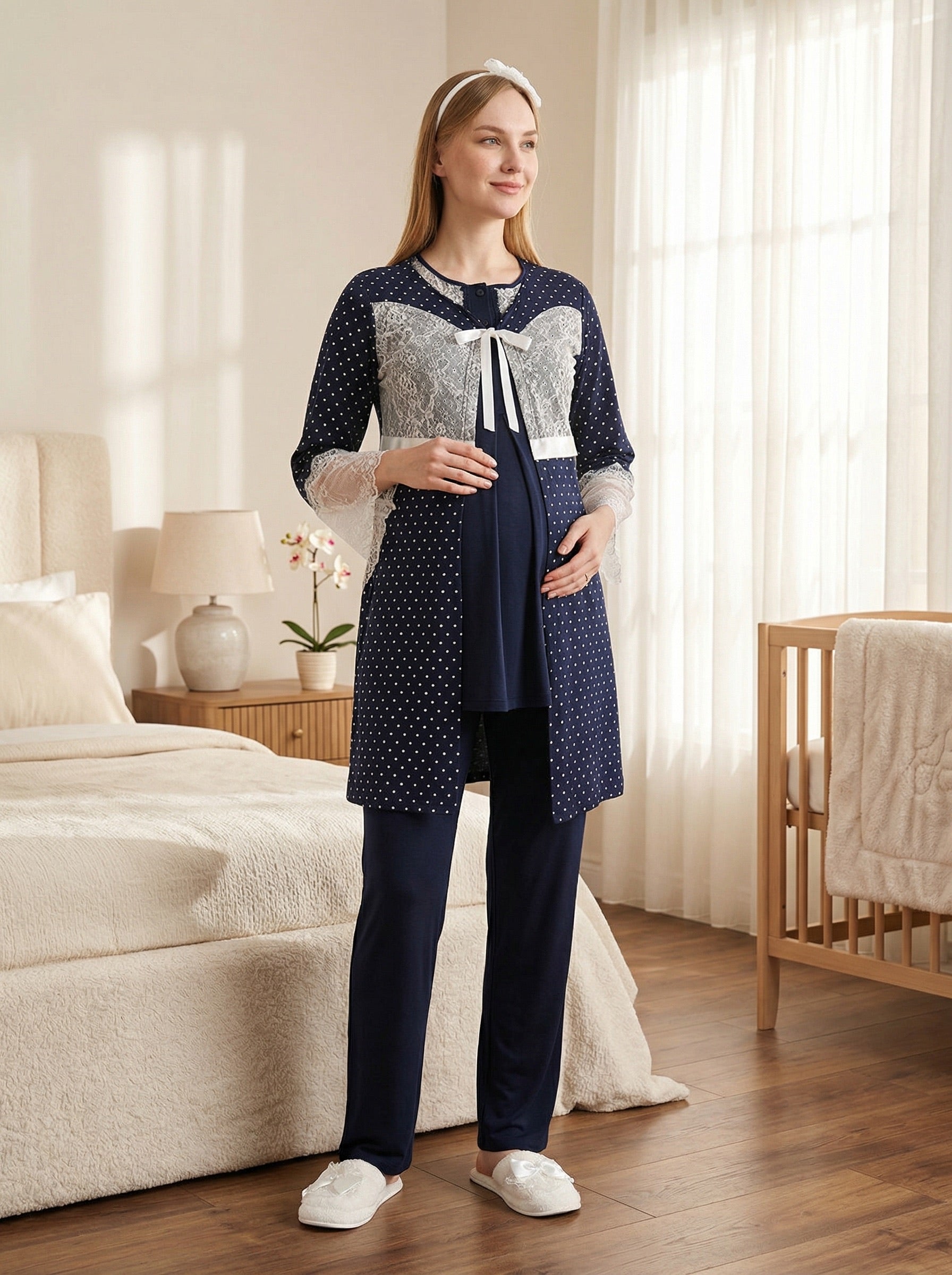 Yeni Sezon Lacivert Yazlık Puantiyeli Hamile Lohusa Sabahlıklı Pijama Takımı Seti - 3469