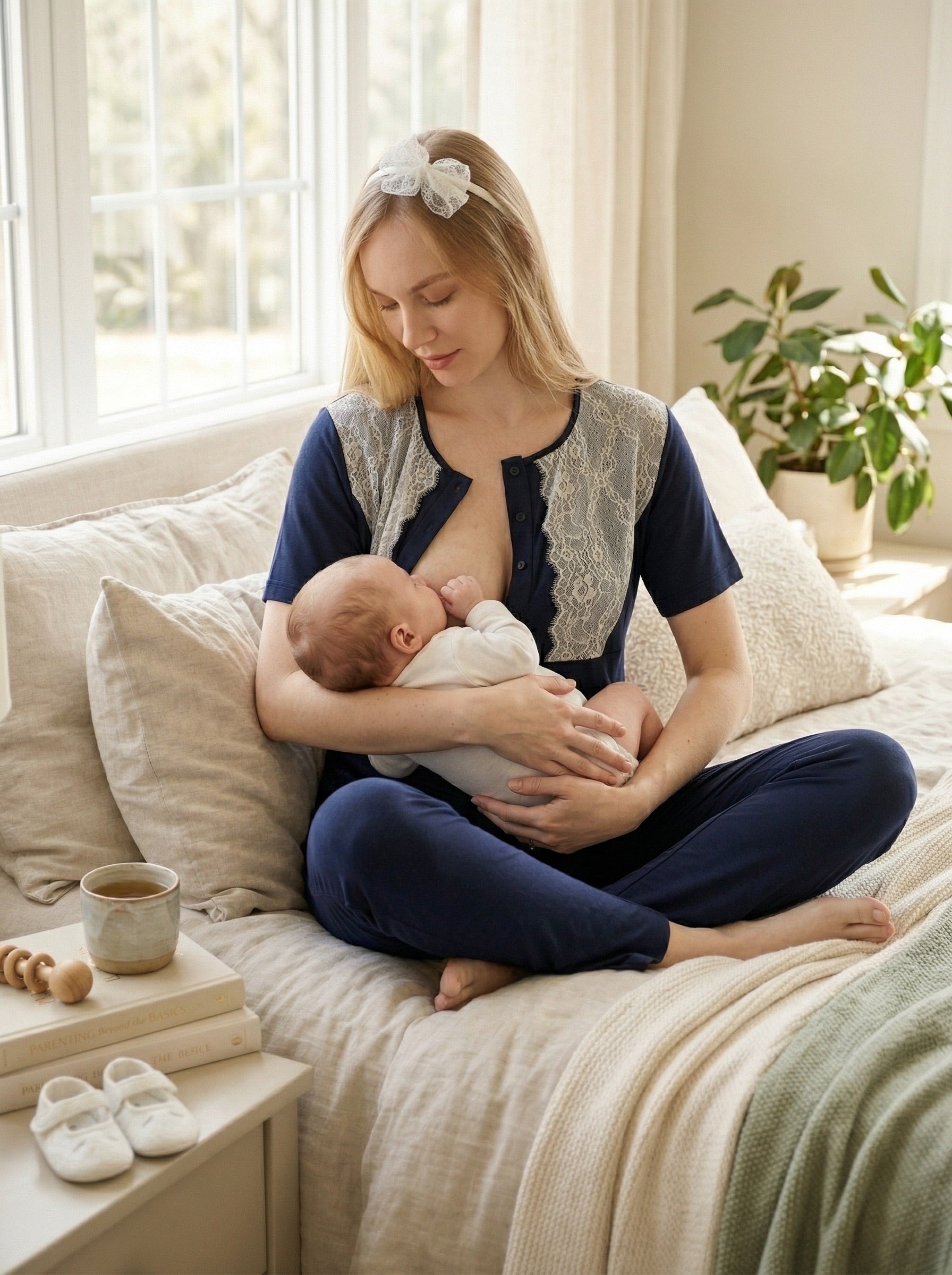 Yeni Sezon Lacivert Yazlık Puantiyeli Hamile Lohusa Sabahlıklı Pijama Takımı Seti - 3469