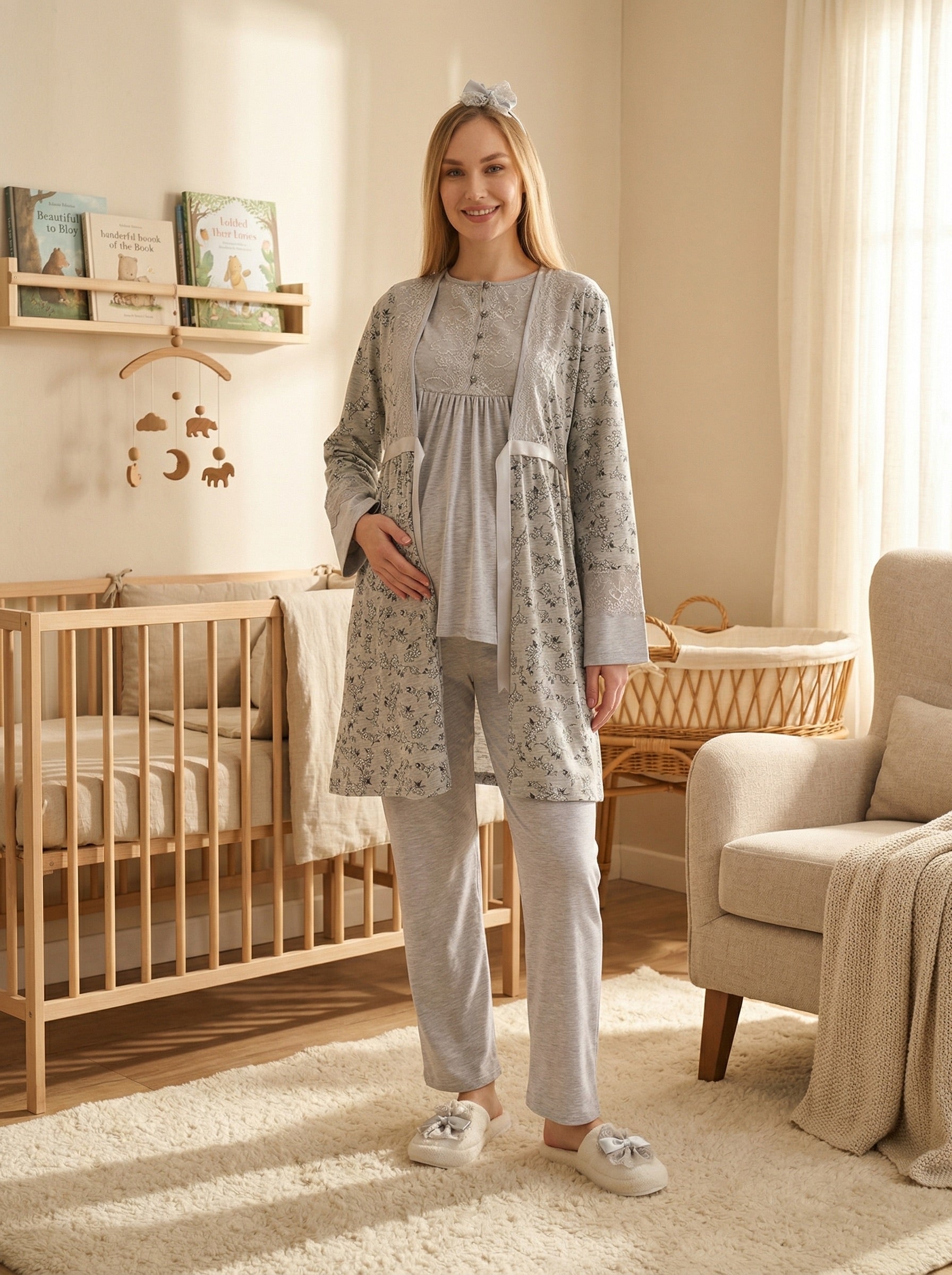 Yeni Sezon Gri Yazlık Desenli Dantelli Hamile Lohusa Sabahlıklı Pijama Takımı Seti - 3470