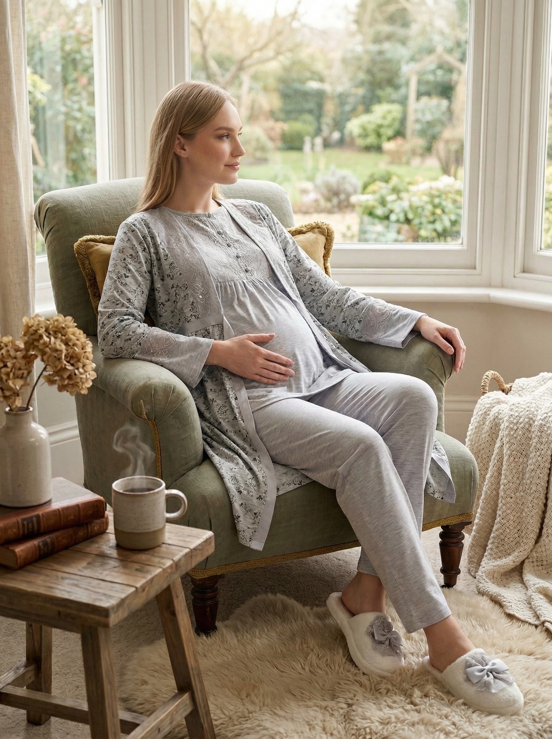 Yeni Sezon Gri Yazlık Desenli Dantelli Hamile Lohusa Sabahlıklı Pijama Takımı Seti - 3470