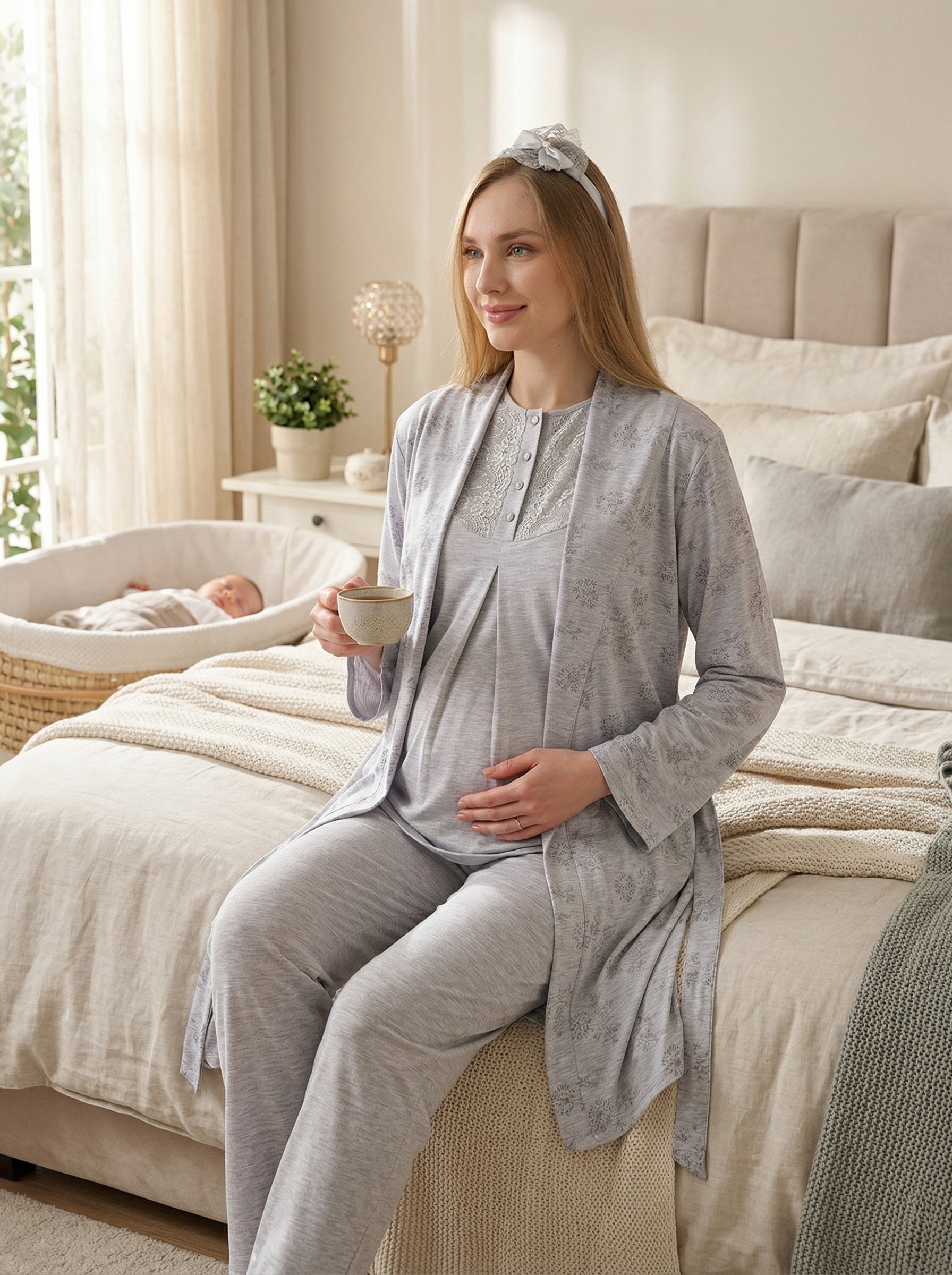 Yeni Sezon Gri Yazlık Desenli Hamile Lohusa Sabahlıklı Pijama Takımı Seti - 3471