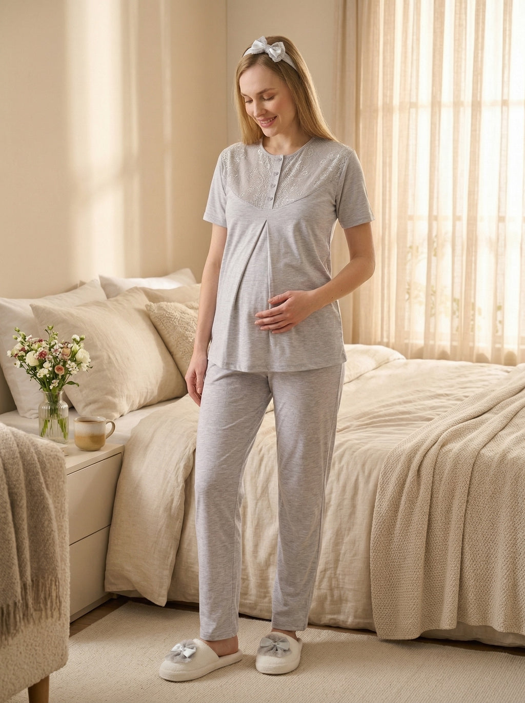 Yeni Sezon Gri Yazlık Desenli Hamile Lohusa Sabahlıklı Pijama Takımı Seti - 3471