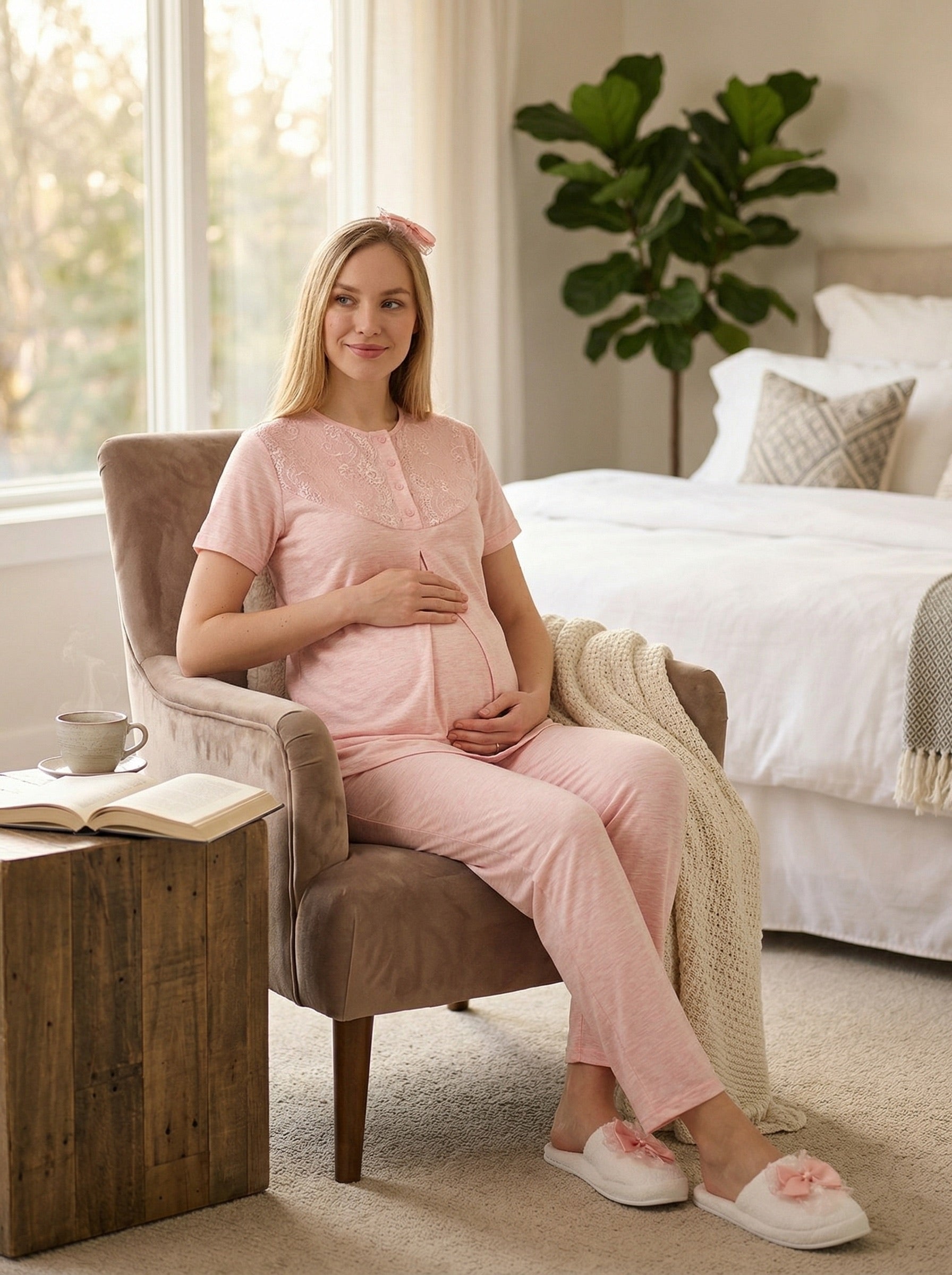 Yeni Sezon Somon Yazlık Desenli Hamile Lohusa Sabahlıklı Pijama Takımı Seti - 3471