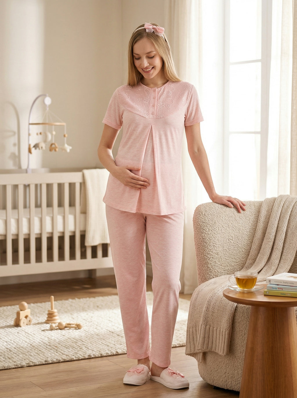 Yeni Sezon Somon Yazlık Desenli Hamile Lohusa Sabahlıklı Pijama Takımı Seti - 3471