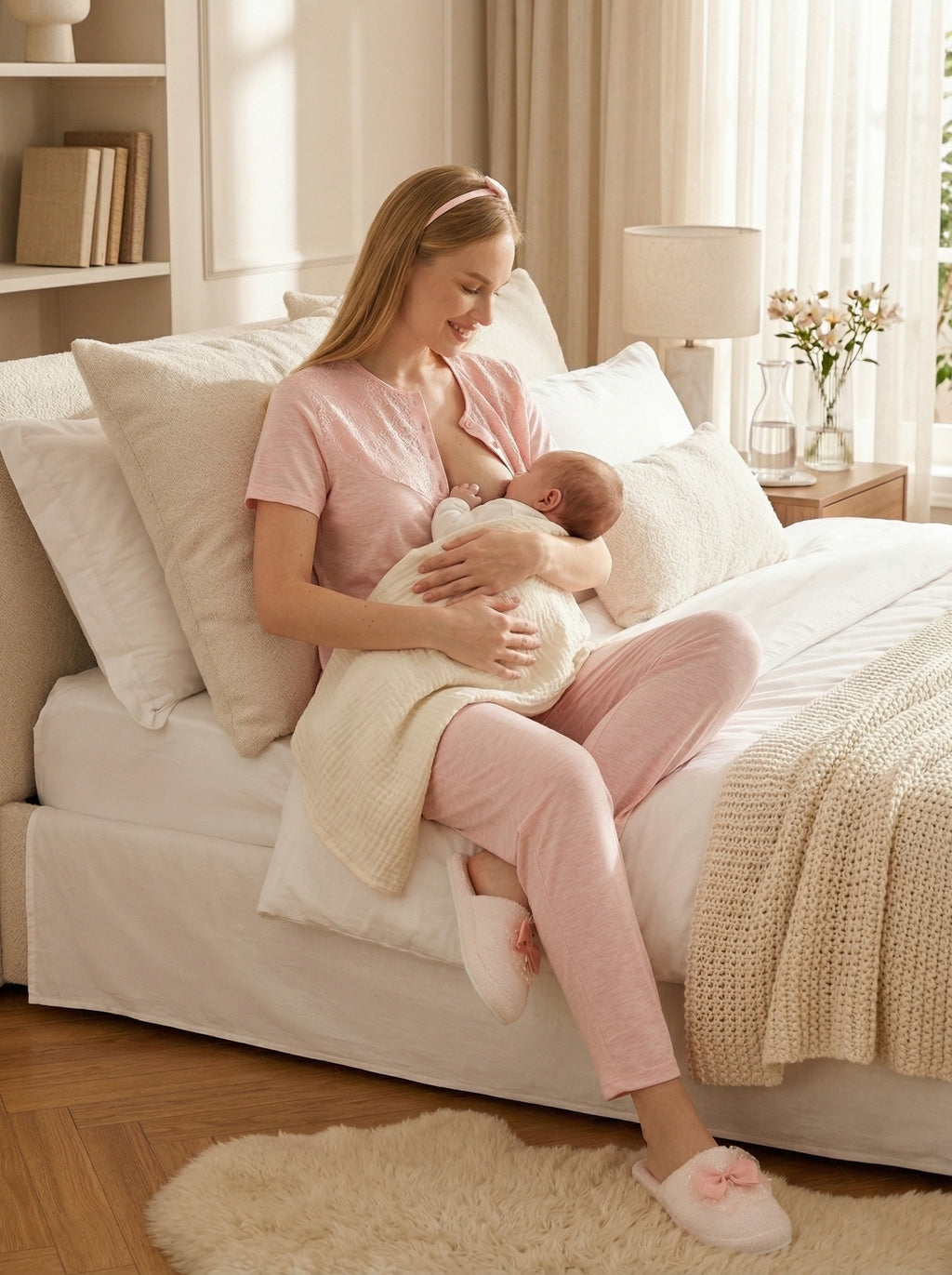Yeni Sezon Somon Yazlık Desenli Hamile Lohusa Sabahlıklı Pijama Takımı Seti - 3471