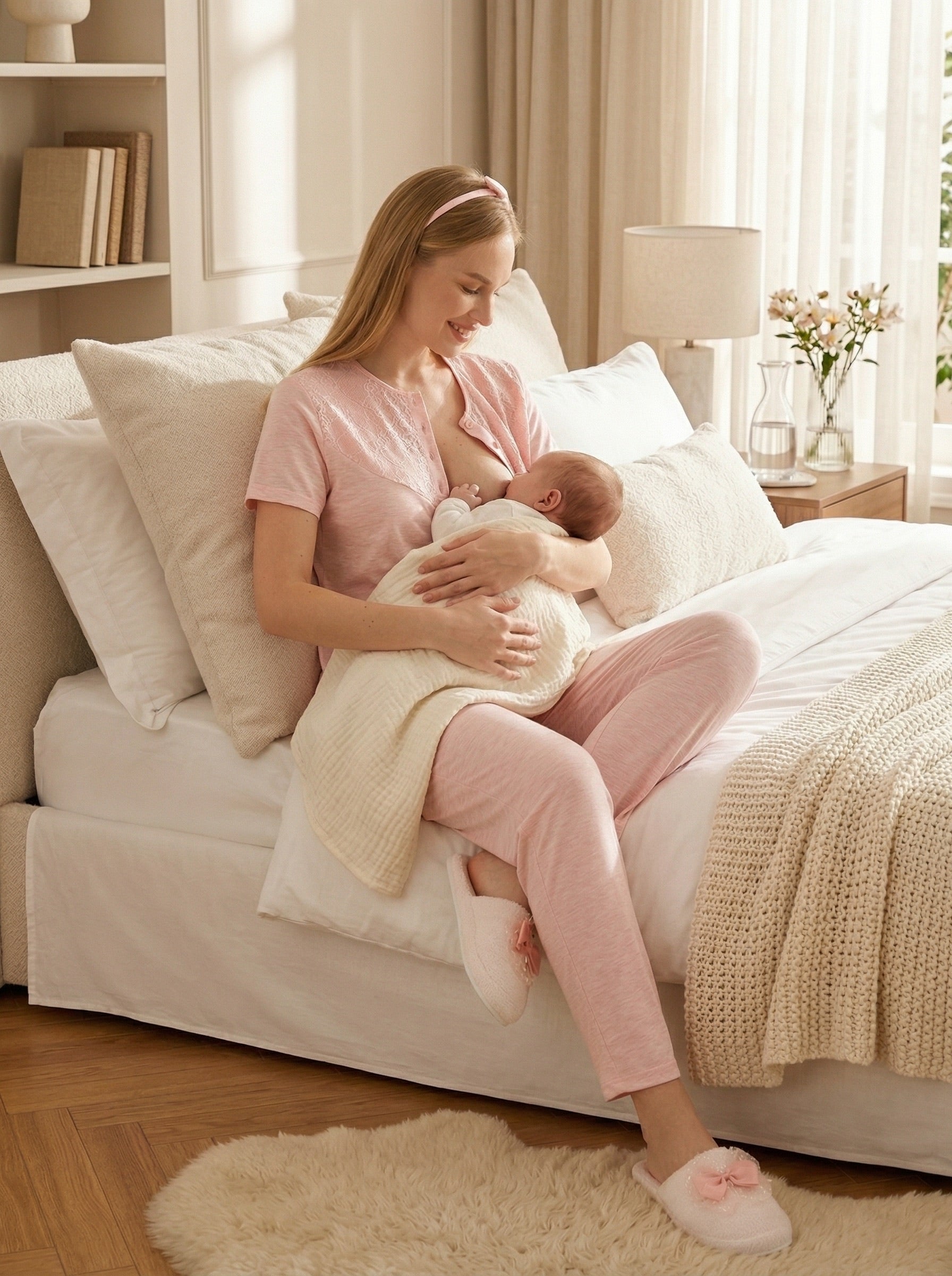 Yeni Sezon Somon Yazlık Desenli Hamile Lohusa Sabahlıklı Pijama Takımı Seti - 3471