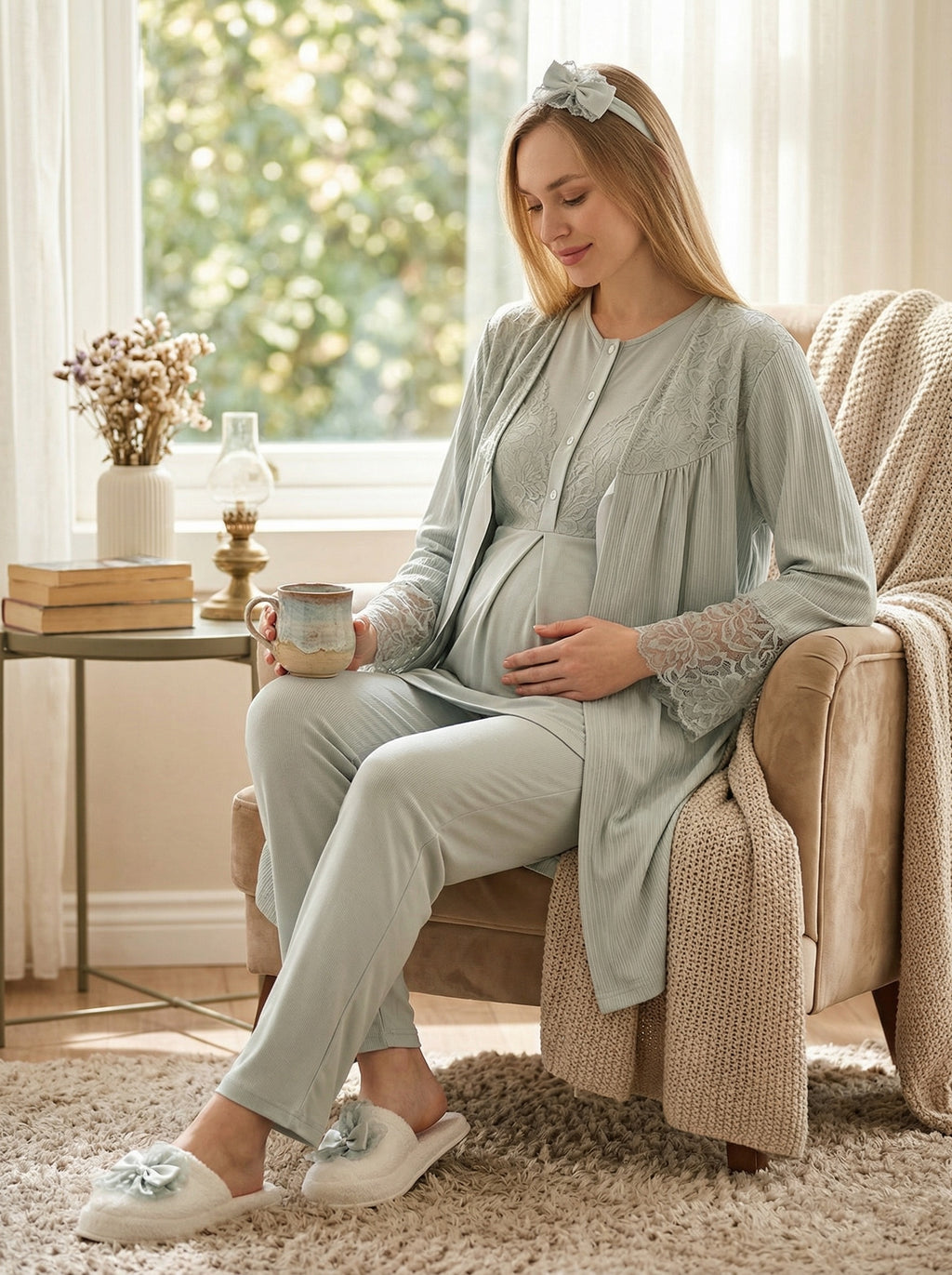 Yeni Sezon Mint Yazlık Dantelli Hamile Lohusa Sabahlıklı Pijama Takımı Seti - 3472