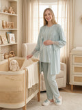 Yeni Sezon Mint Yazlık Dantelli Hamile Lohusa Sabahlıklı Pijama Takımı Seti - 3472