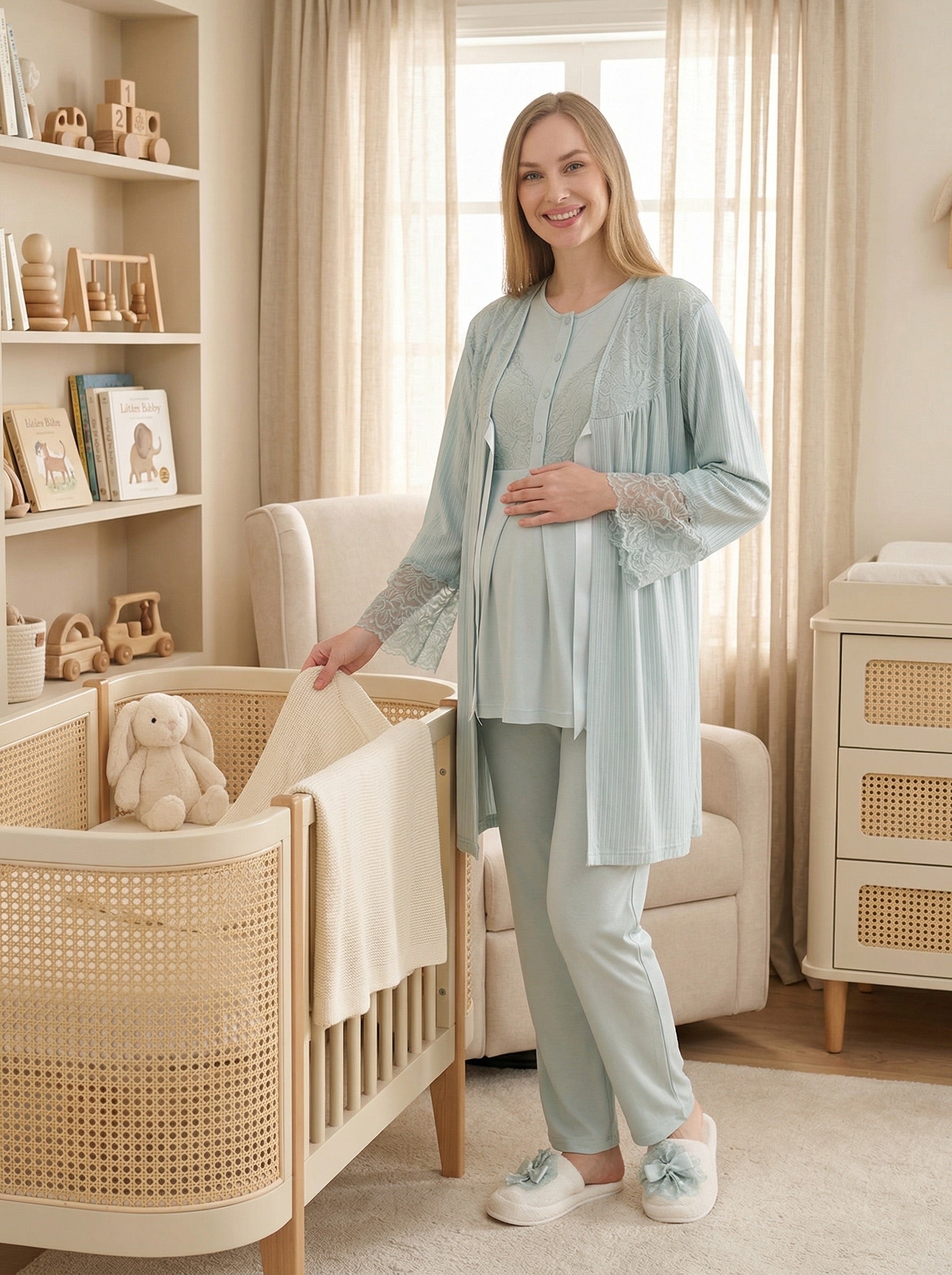 Yeni Sezon Mint Yazlık Dantelli Hamile Lohusa Sabahlıklı Pijama Takımı Seti - 3472