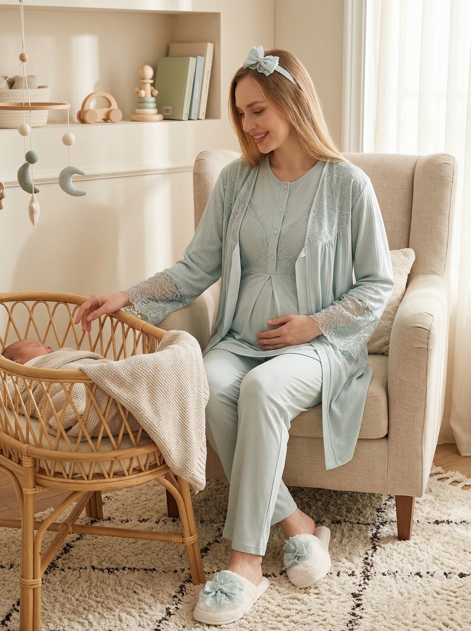 Yeni Sezon Mint Yazlık Dantelli Hamile Lohusa Sabahlıklı Pijama Takımı Seti - 3472