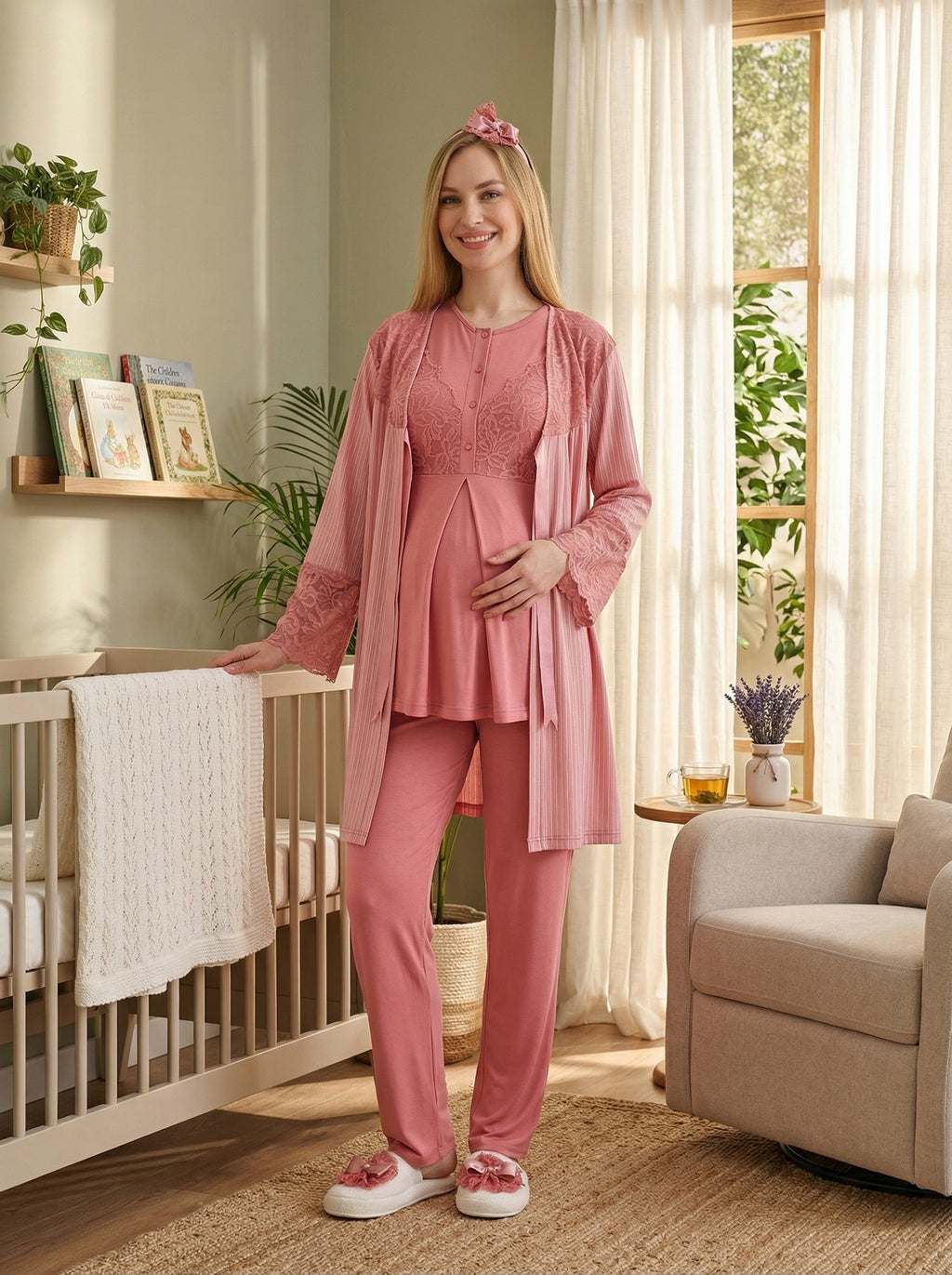 Yeni Sezon Narçiçeği Yazlık Dantelli Hamile Lohusa Sabahlıklı Pijama Takımı Seti - 3472