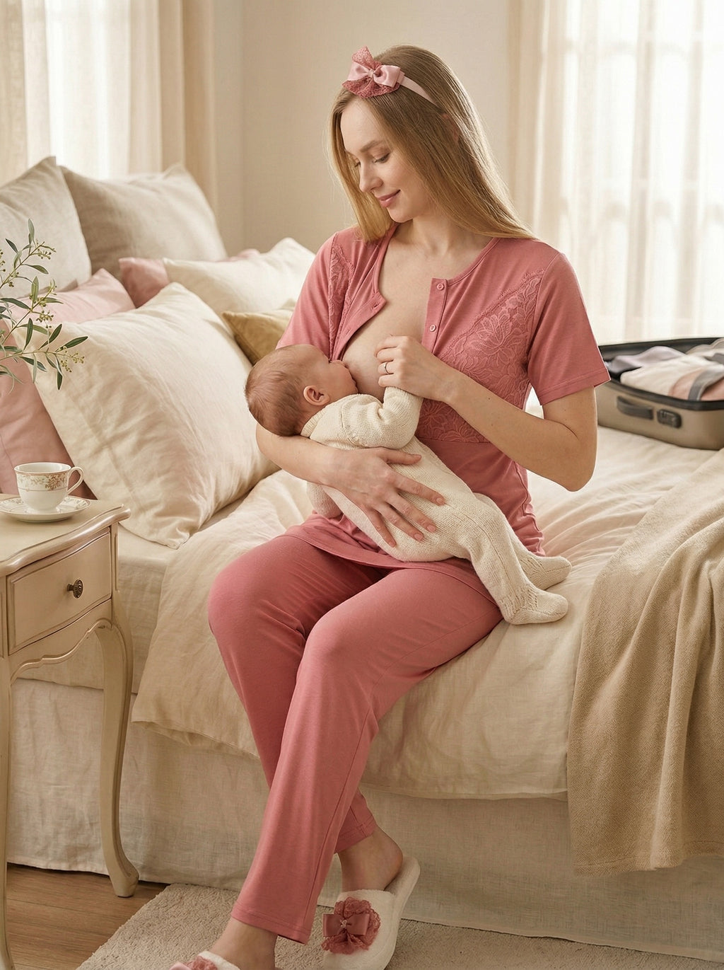 Yeni Sezon Narçiçeği Yazlık Dantelli Hamile Lohusa Sabahlıklı Pijama Takımı Seti - 3472