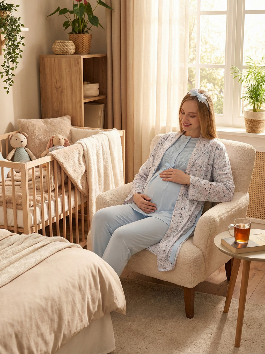 Yeni Sezon Mavi Yazlık Desen Detaylı Hamile Lohusa Sabahlıklı Pijama Takımı Seti - 3473