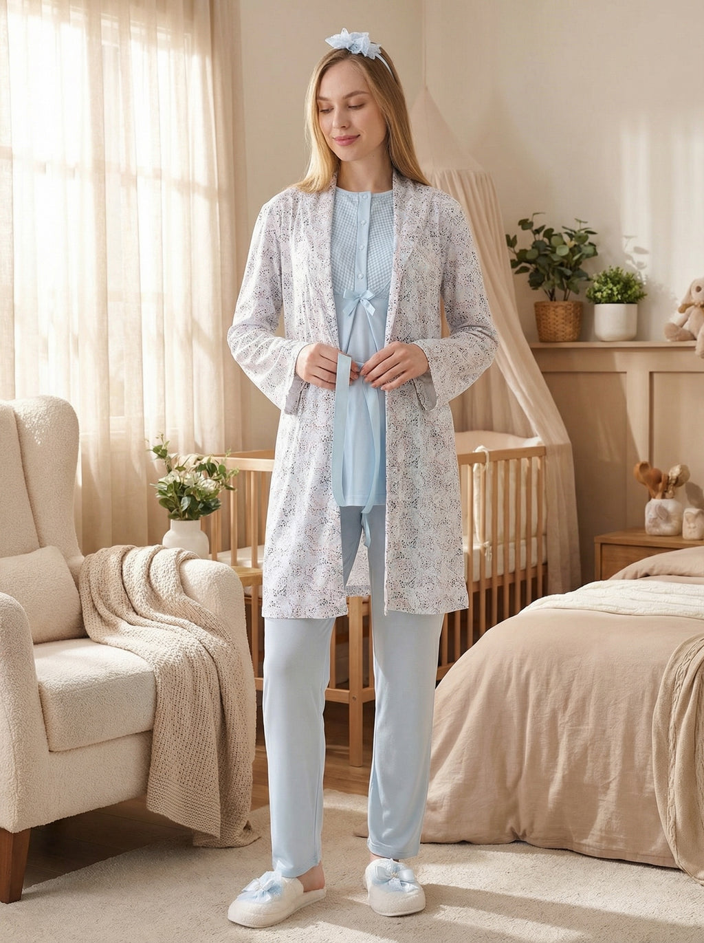 Yeni Sezon Mavi Yazlık Desen Detaylı Hamile Lohusa Sabahlıklı Pijama Takımı Seti - 3473