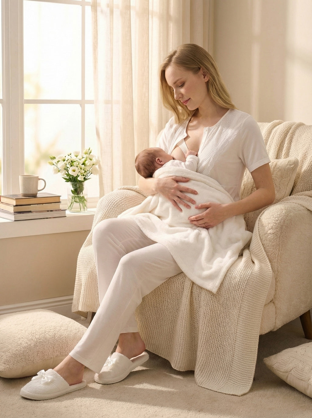 Yeni Sezon Ekru Yazlık Desen Detaylı Hamile Lohusa Sabahlıklı Pijama Takımı Seti - 3473