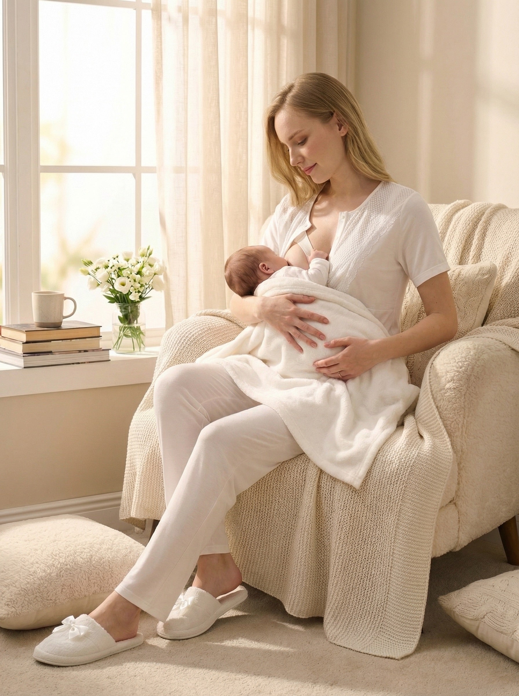 Yeni Sezon Ekru Yazlık Desen Detaylı Hamile Lohusa Sabahlıklı Pijama Takımı Seti - 3473