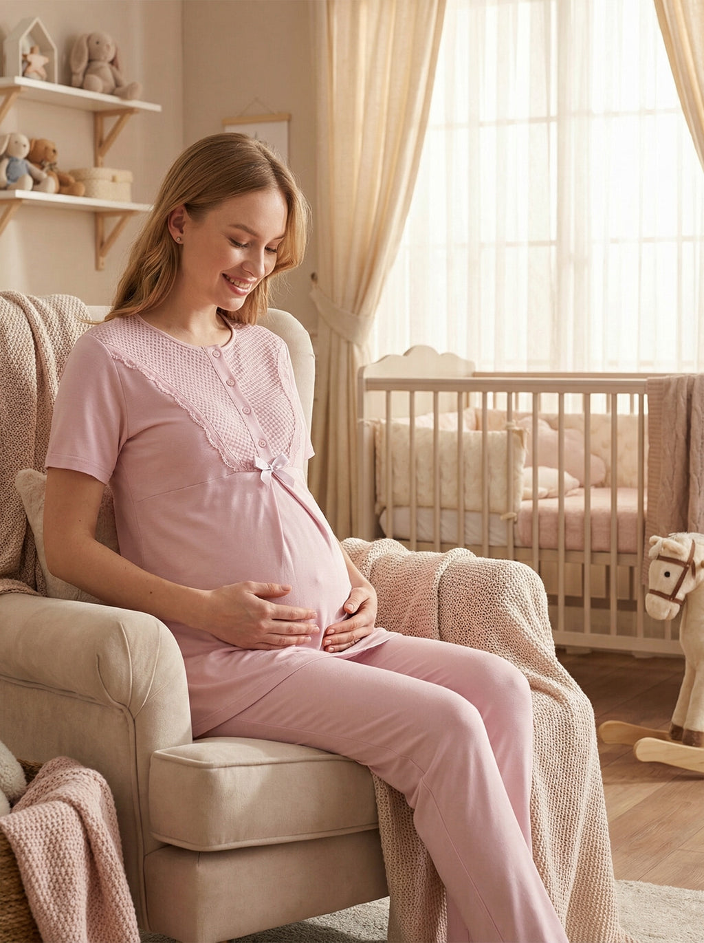 Yeni Sezon Pembe Yazlık Desen Detaylı Hamile Lohusa Sabahlıklı Pijama Takımı Seti - 3473