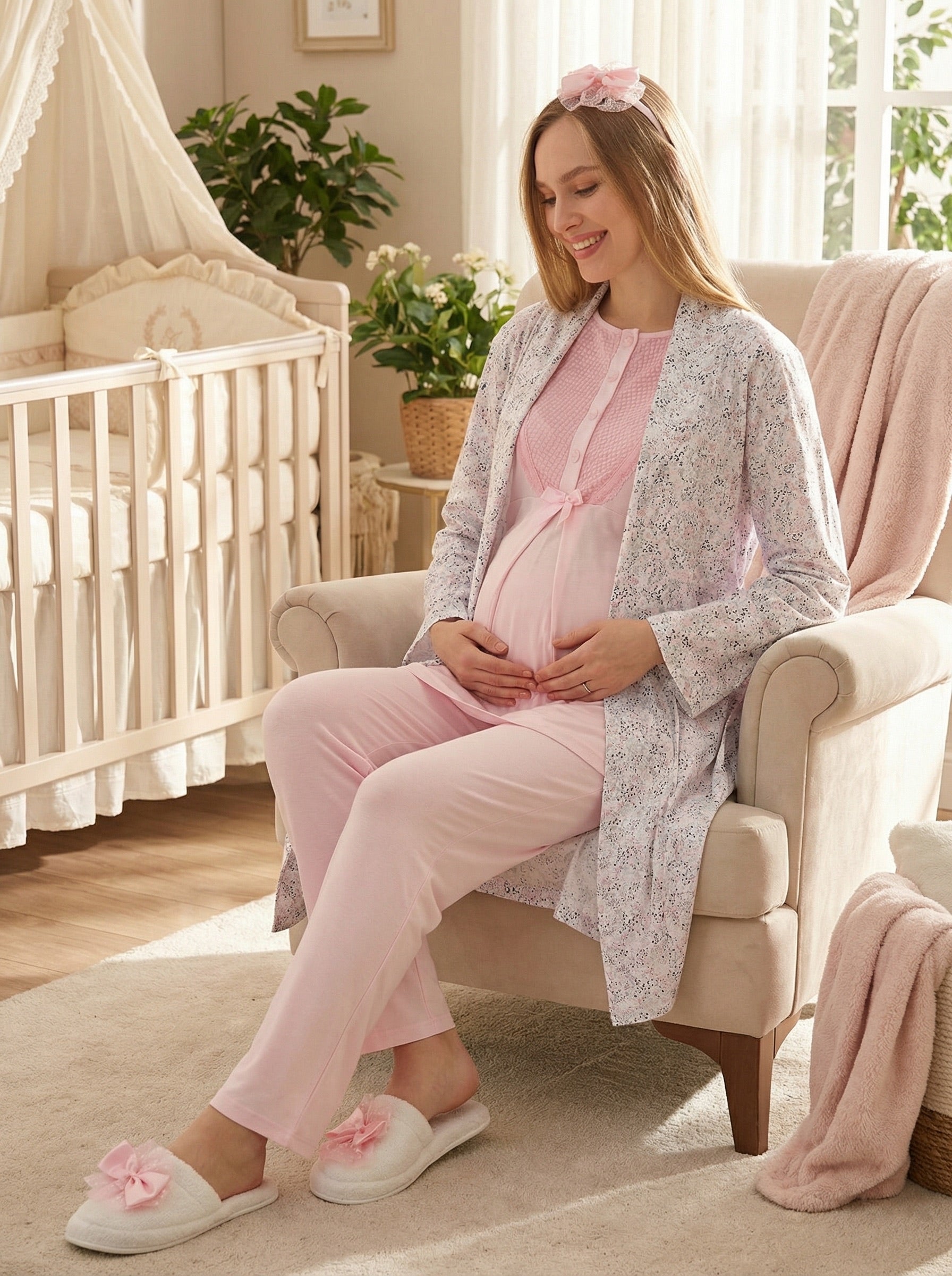 Yeni Sezon Pembe Yazlık Desen Detaylı Hamile Lohusa Sabahlıklı Pijama Takımı Seti - 3473